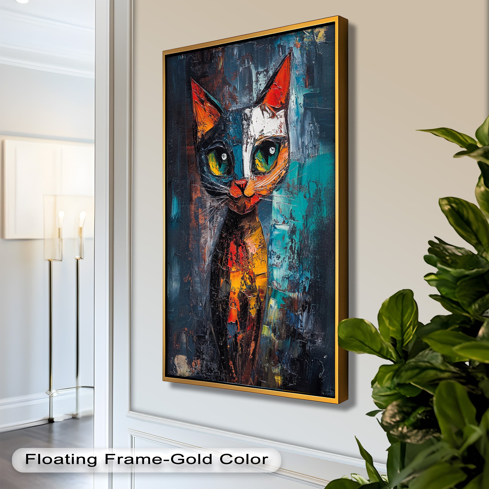 Abstract Cat Portrait with Neon Hues - Vibrant Animal Oil Painting Wall Art for Living Room, Bedroom & Office Decor
