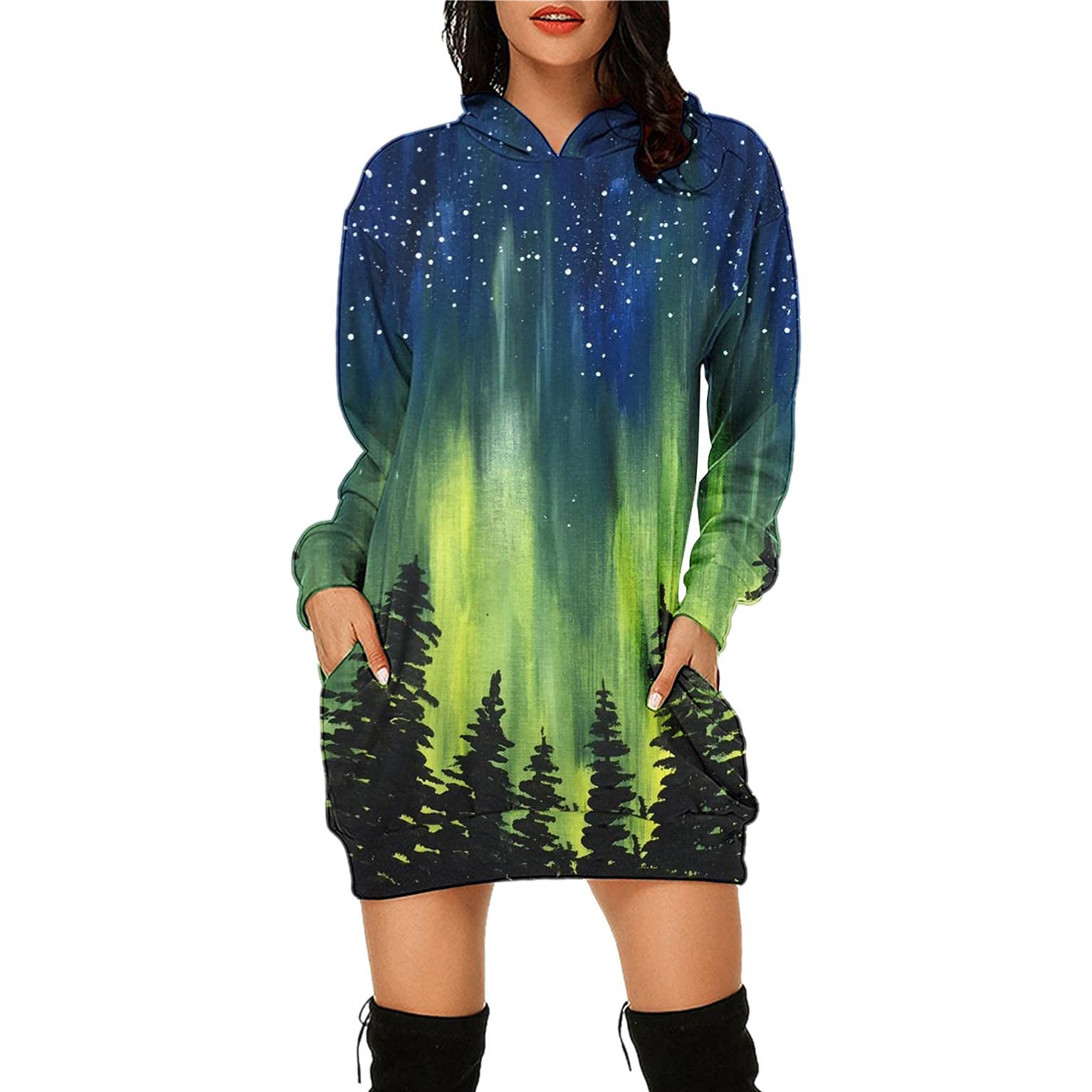 Women's Casual Print Hoodie Dress with Bag & Hip Pockets - Long Sleeve Sweatshirt Dress for Streetwear, Loungewear & Fall Fashion
