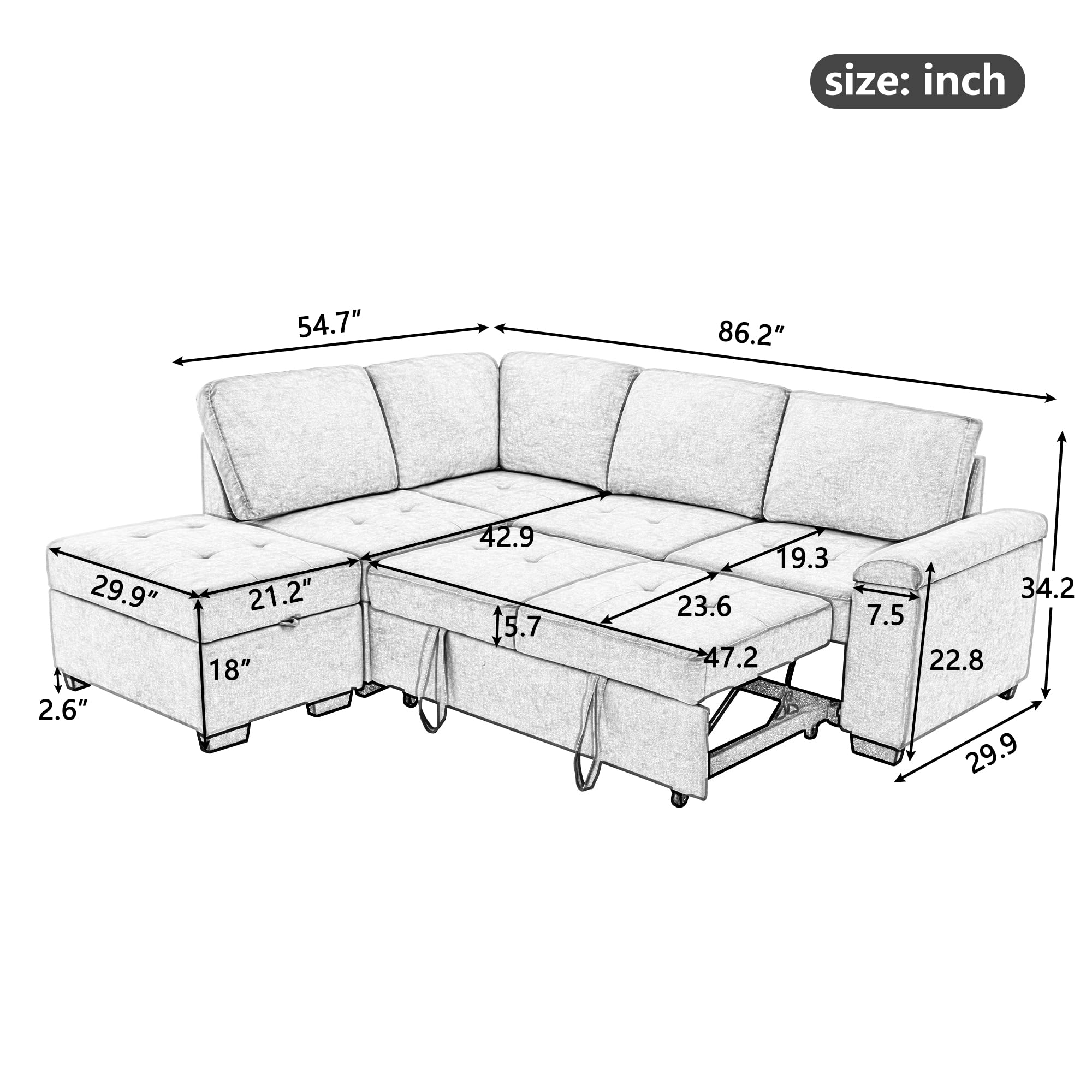 Modern Reversible Sleeper Sectional Sofa - L-Shaped Corner Couch Sofa Bed with Pull Out Bed, Storage Ottoman & Hidden Arm Storage for Living Room, Apartment, Office (Grey) | Perfect for Small Spaces, Guest Rooms & Multi-Functional Home Decor