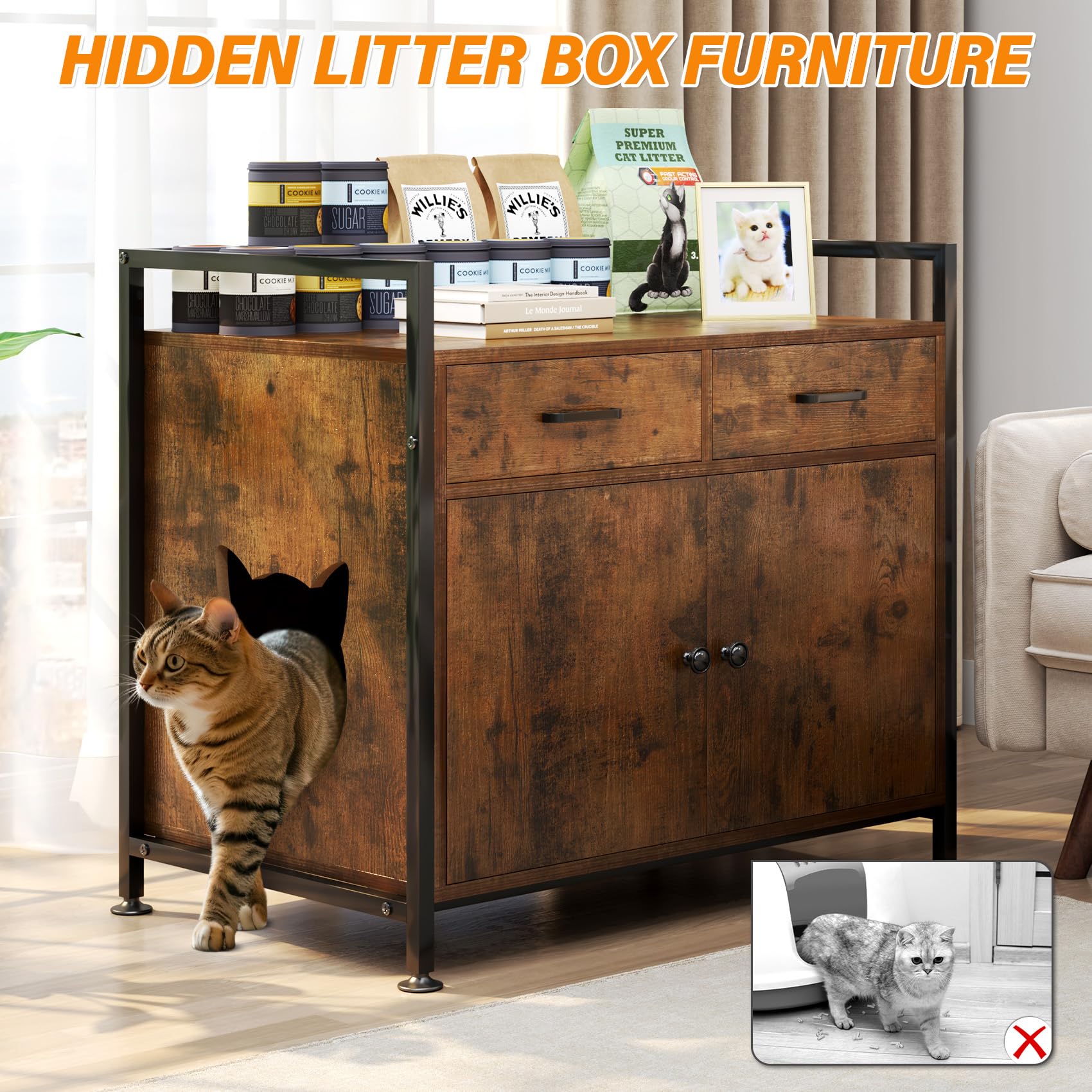 TC-HOMENY Cat Litter Box Enclosure - Modern Furniture Storage Cabinet with Odor Control for Living Room | Stylish Pet Furniture for Small Spaces & Home Decor