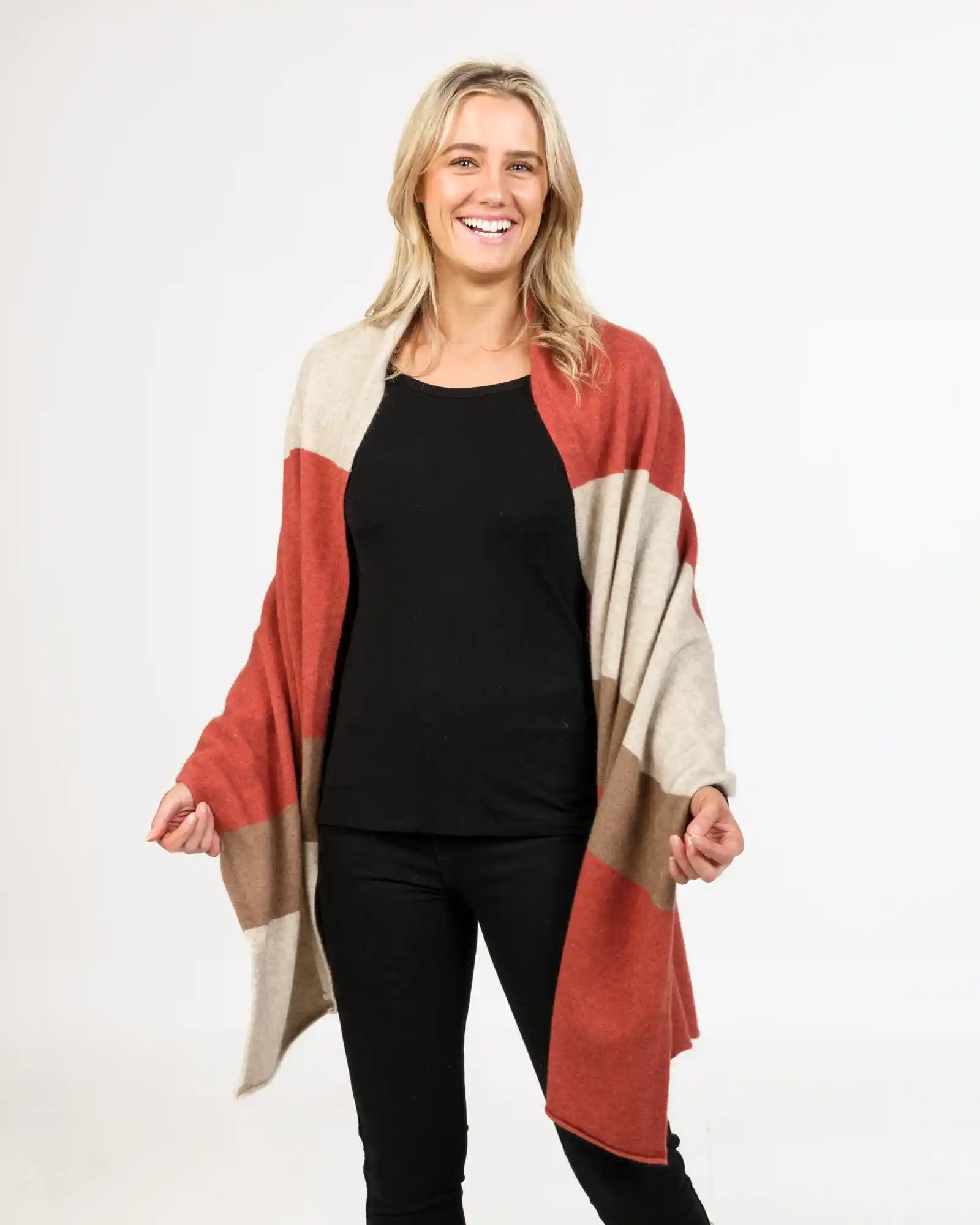 Rosewood Stripe Women's Travel Wrap - Soft Possum Merino Wool Shawl for Airplane, Office & Outdoor Use NE815