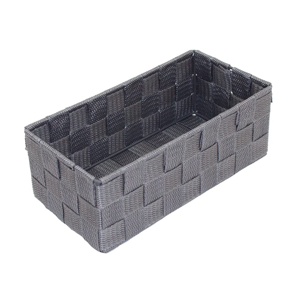 Durable Metal Frame Woven Storage Baskets Set of 4 - Handmade Ribbon Woven Organizer Bins for Home Office & Bathroom Organization (Gray) - Perfect for Shelves, Countertops & Closet Storage