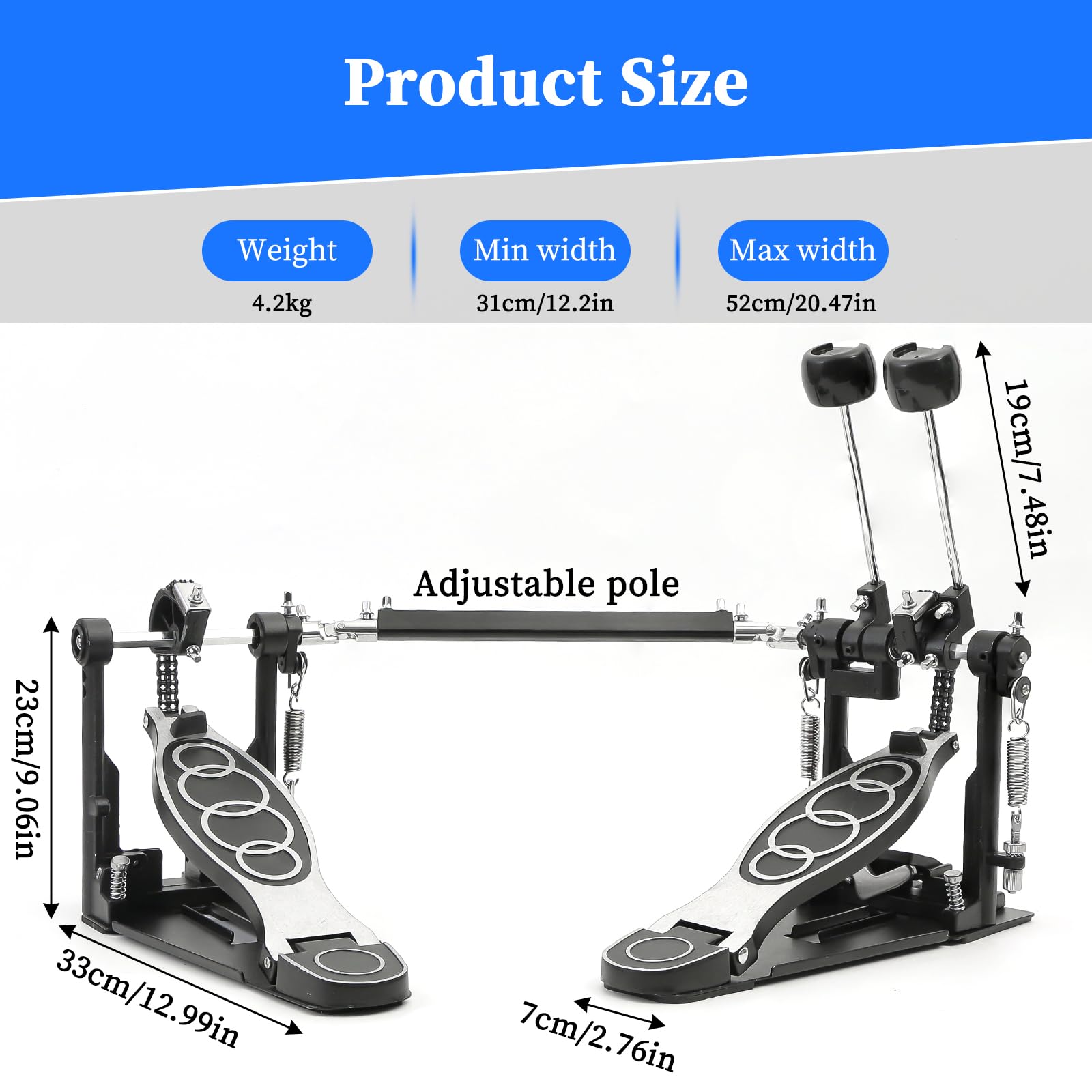 Double Bass Drum Pedal - Adjustable Beater Head & Chain Drive Kick Pedal with Drum Key | Perfect for Drum Sets & Electronic Drums | Stage Performances & Home Practice