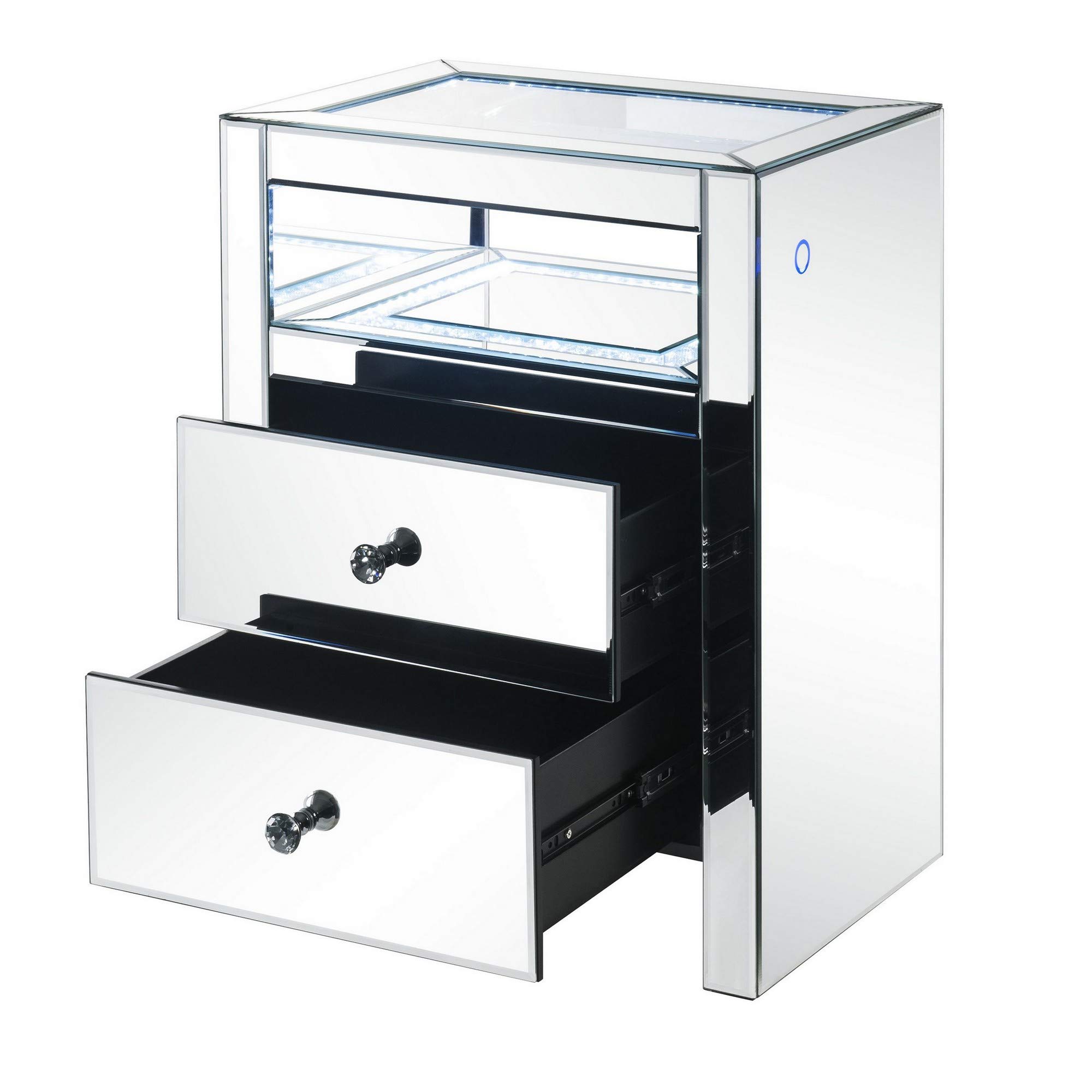 Benjara 2-Drawer Beveled Mirrored Nightstand with Glass Top & LED Lights - Silver Finish | Modern Bedside Table for Bedroom Decor & Storage