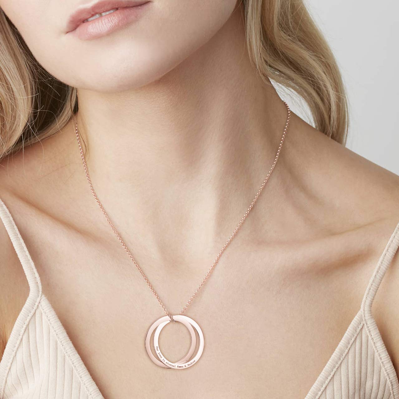 LONAGO Personalized Disc Necklace - 2 Interlocking Circle Rings with Custom Engraving (Name/Date/Word) - Russian Ring Pendant Jewelry for Women - Perfect Gift for Anniversary, Birthday & Valentine's Day