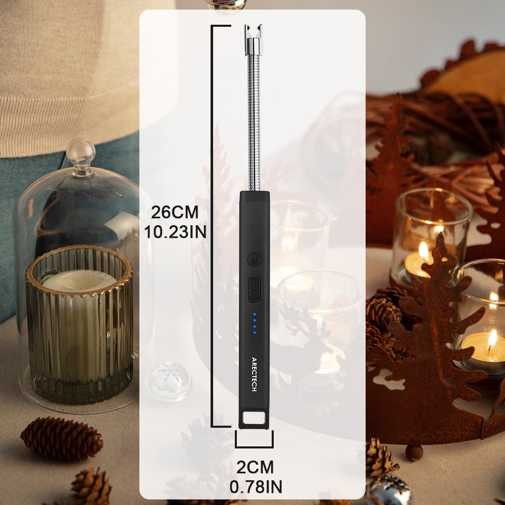 ARECTECH USB Rechargeable Electric Arc Lighter - Windproof Flameless Candle Lighter for Home, Camping & Gifts - LED Light for Men & Women (Black) | Perfect for Candles, Fireworks, Christmas, Birthday & Outdoor Adventures