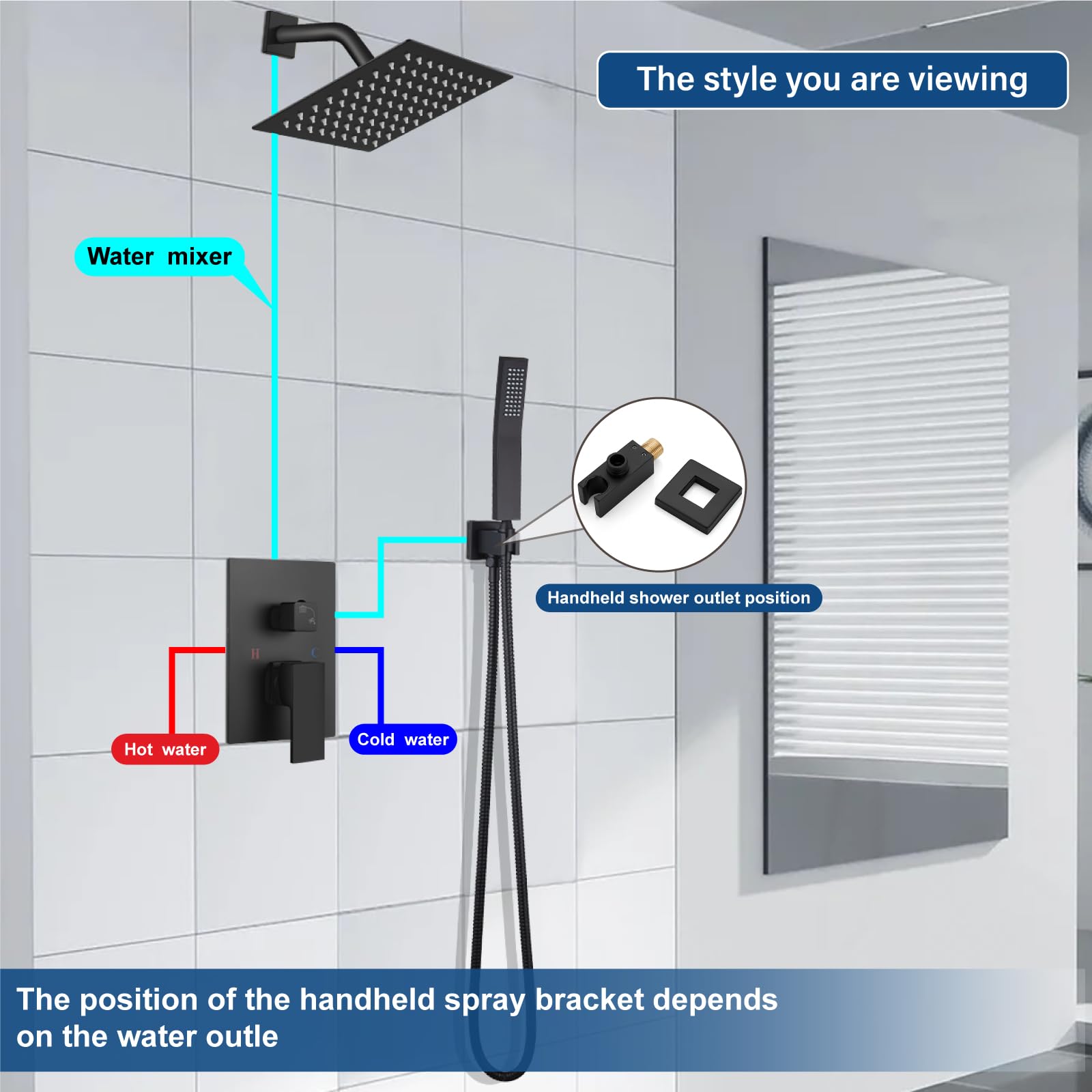 Midanya 8 Inch Matte Black Square Rainfall Shower System - Wall Mount Shower Head with Handheld Sprayer, Rough-in Valve & Bathroom Mixer Combo Set for Luxurious Spa Experience at Home