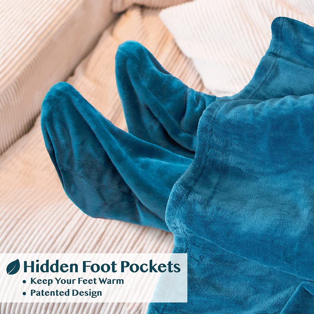 PAVILIA Wearable Fleece Blanket with Sleeves & Foot Pockets - Soft Plush Blanket Robe for Women & Men - Cozy Gift for Wife or Mom - Perfect for Winter Nights, Movie Time & Relaxation - Teal Blue