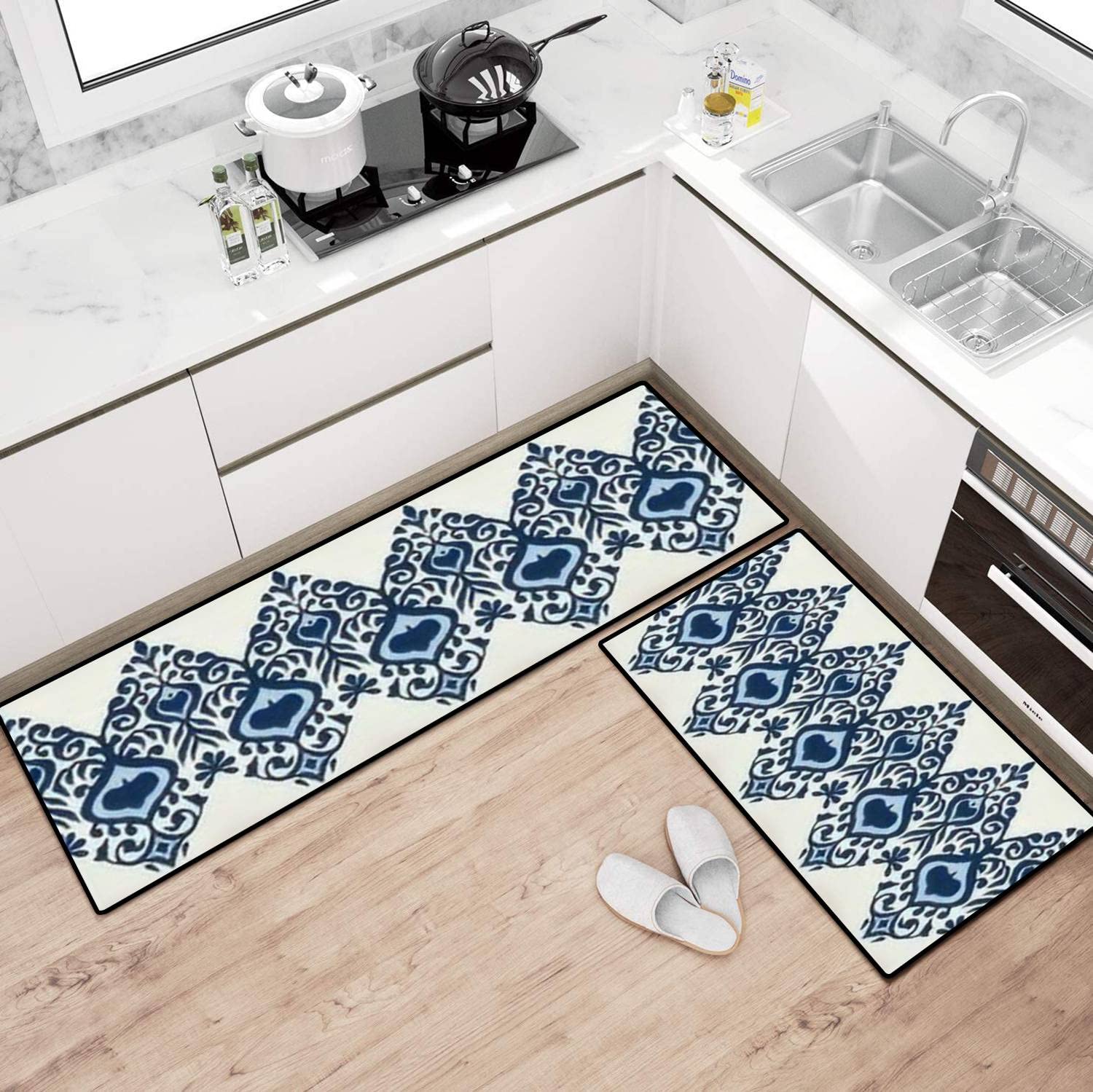 Non-Slip Washable Kitchen Rugs Set - Ikat Geometric Folklore Design, Oriental Damask Pattern Floor Mat, Anti-Fatigue Standing Mat for Kitchen, Bathroom, Entryway Decor | Perfect for Home, Apartment & Office Use