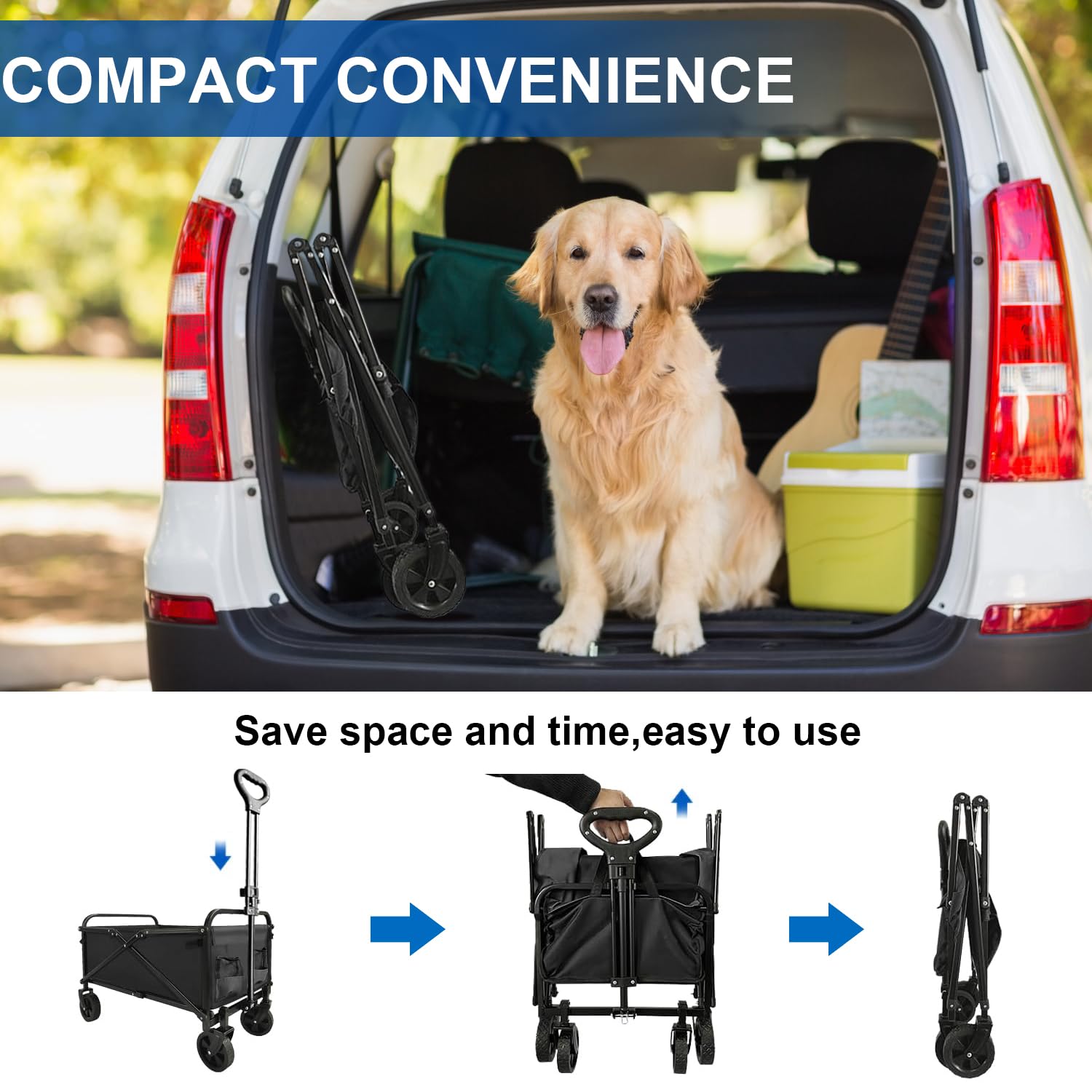 Heavy Duty Collapsible Wagon Cart - Foldable Portable Utility Cart with Large Capacity for Beach, Camping, Grocery Shopping, Fishing & Outdoor Activities | Perfect for Picnics, Sports Events & Garden Use (Black)