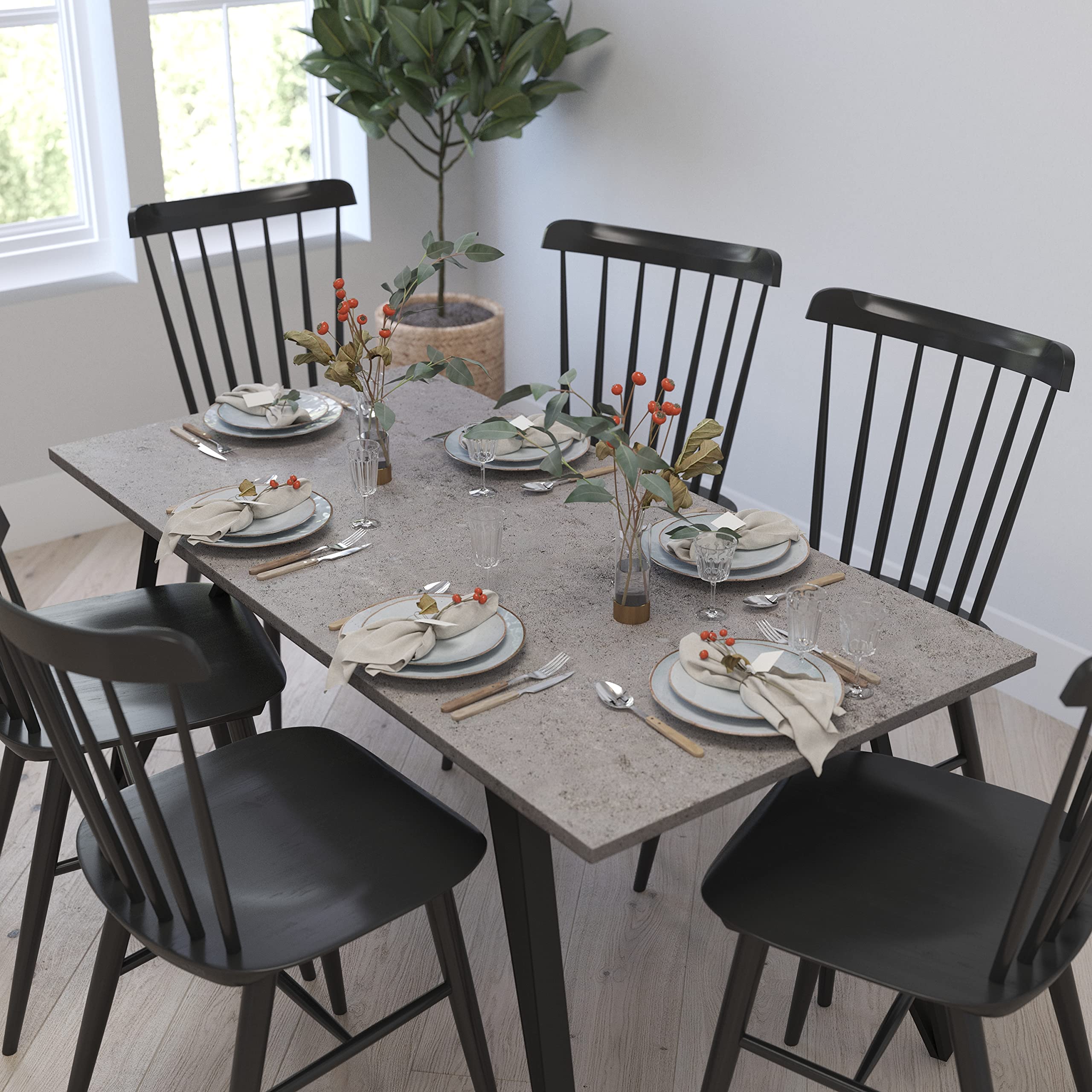 Merrick Lane Maya Contemporary Rectangular Dining Table - Faux Concrete Finish with Black Hairpin Metal Legs - 31.5