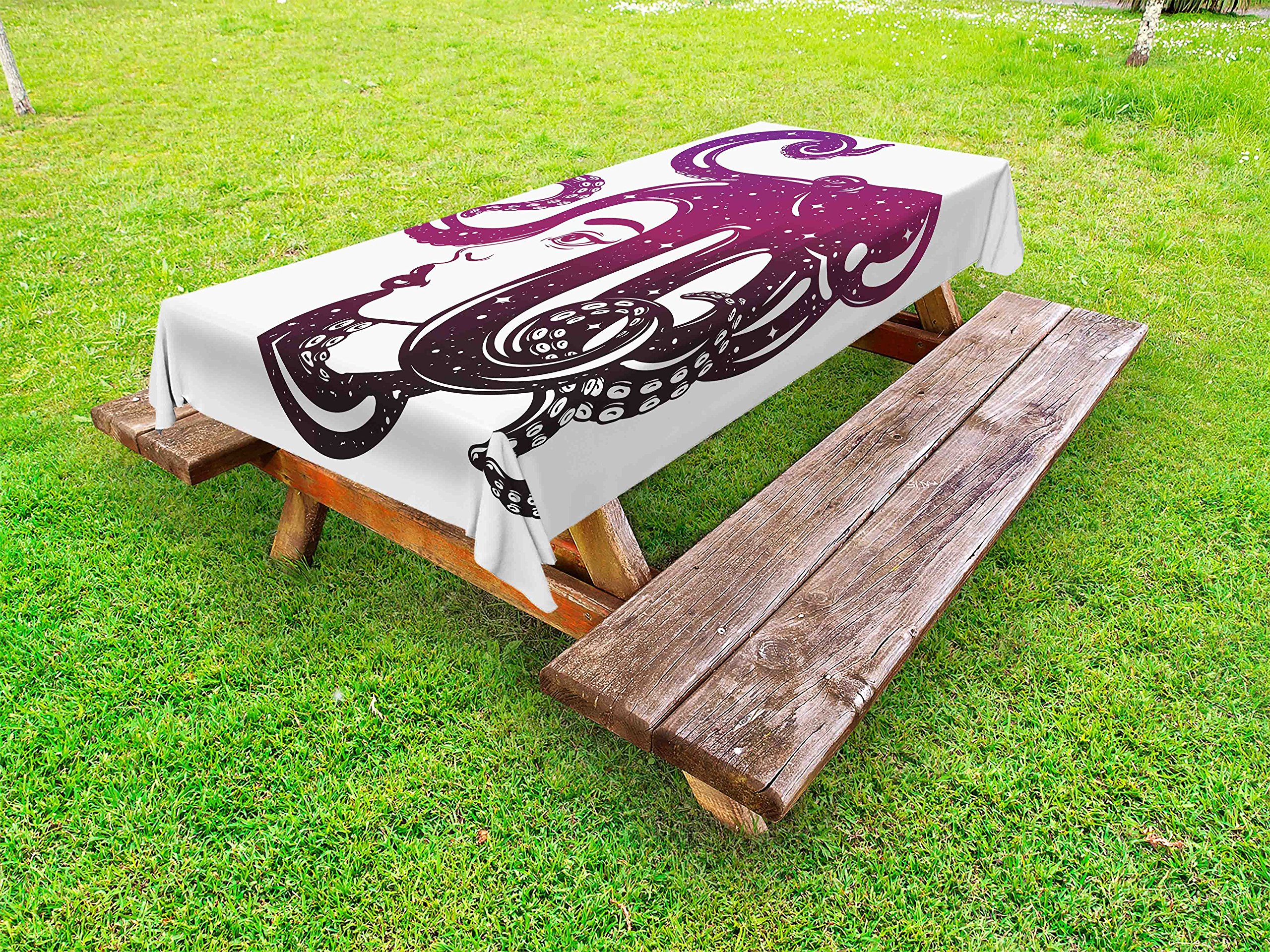Ambesonne Octopus Print Outdoor Tablecloth - Creative Female Profile with Octopus Design, Waterproof Washable Picnic Table Cover 58x104 Inches in Purple & Magenta - Perfect for Beach Parties, Garden Dining & Outdoor Decor