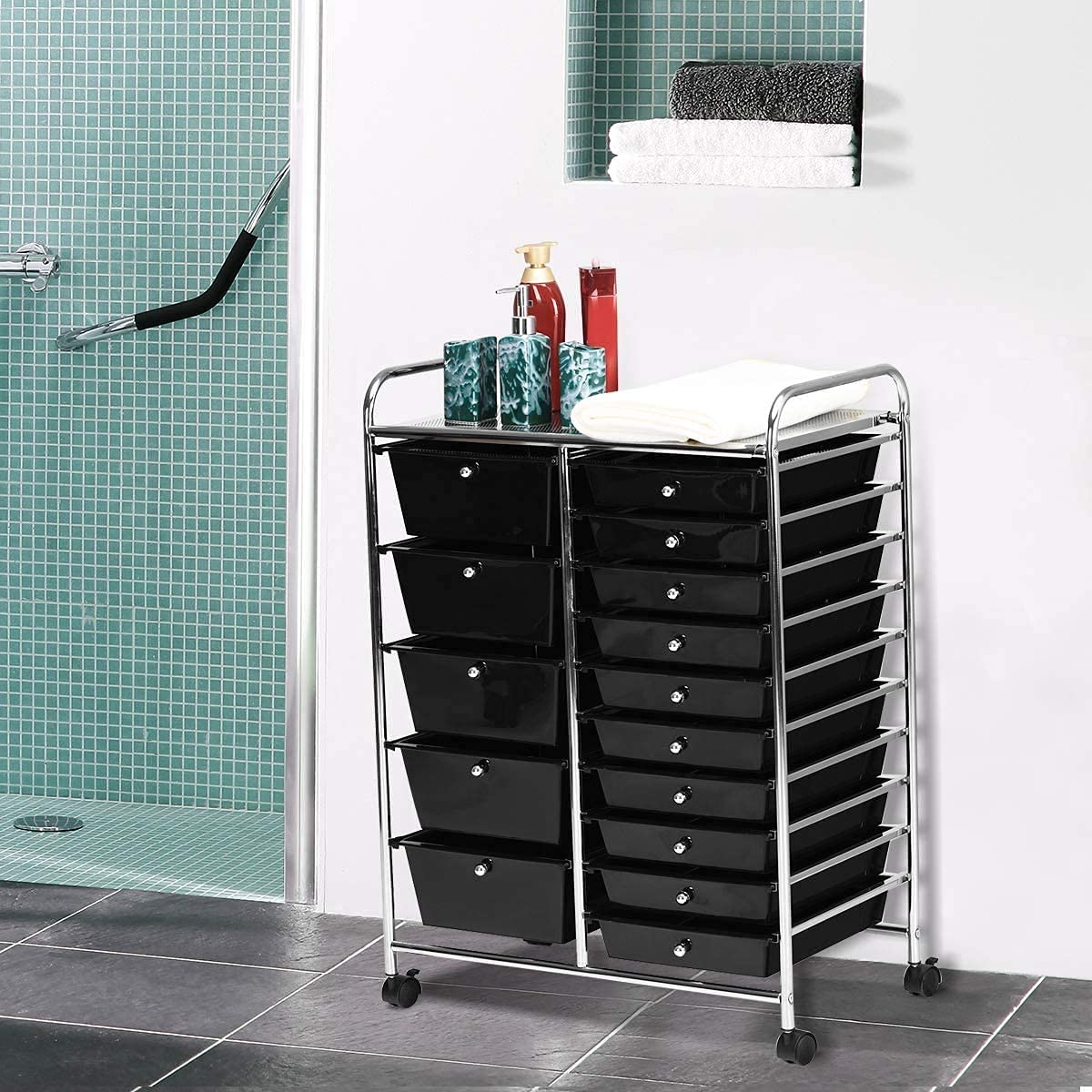 15-Drawer Rolling Storage Cart with Wheels - Mobile Utility Organizer for Tools, Office Supplies, Scrapbooking & School Essentials - Perfect for Home Office, Classroom & Craft Room Organization (Black)