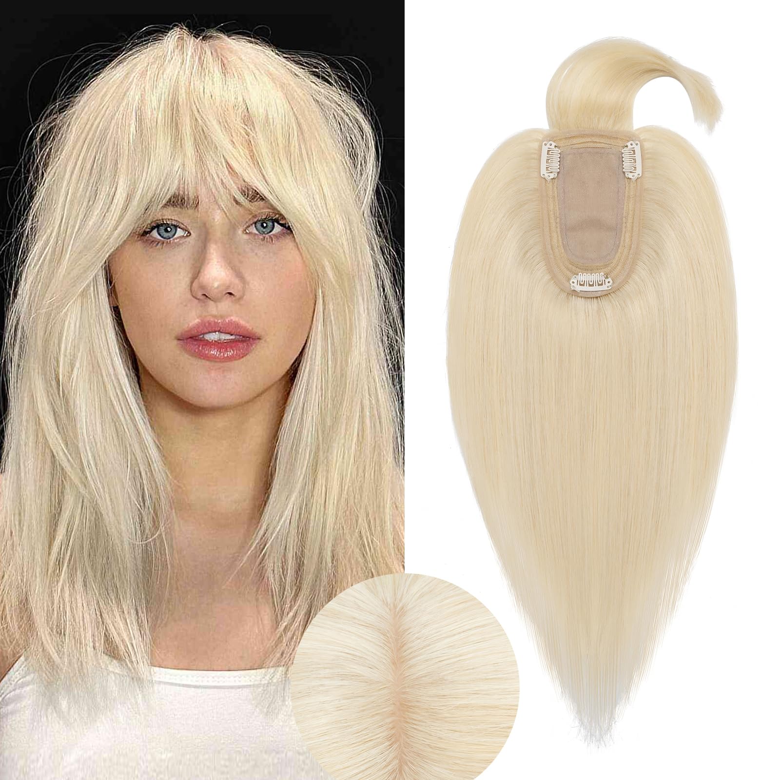 100% Real Human Hair Toppers for Women - Handmade Clip-In Hair Extensions for Thinning Hair | 14'' Middle Part Platinum Blonde #60 (44g) | Perfect for Daily Wear, Special Occasions & Hair Volume Enhancement