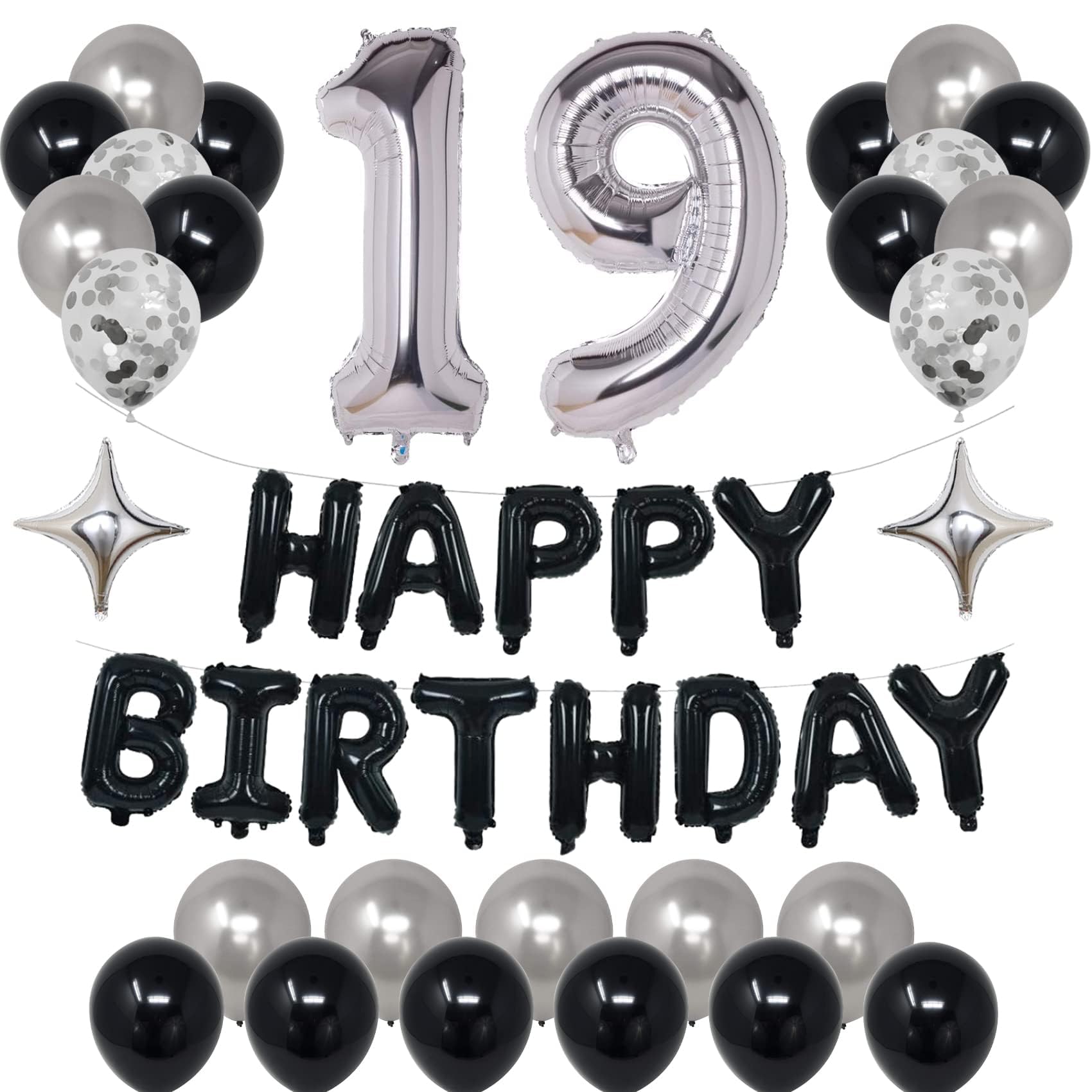 19th Birthday Party Decorations Set - Black & Silver Theme for Men & Women - Includes Happy Birthday Banner, Silver Foil Stars & Balloons - Perfect for 19th Birthday Celebrations, Milestone Parties & Adult Birthday Decor