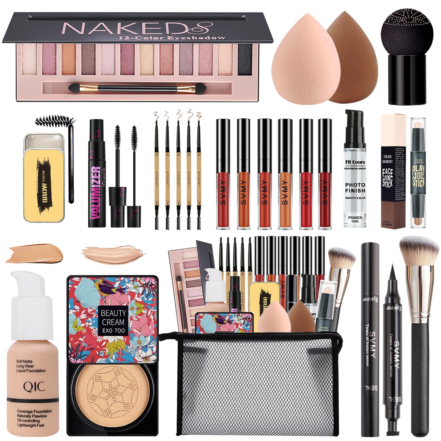 Complete All-in-One Makeup Kit for Women - 12 Color Eyeshadow Palette, Foundation, Primer, CC Cream, Lipstick Set, Mascara, Makeup Brushes & Sponge, Eyebrow Pencil & Soap, Eyeliner, Contour Stick with Cosmetic Bag | Perfect for Daily Makeup, Travel & Professional Use