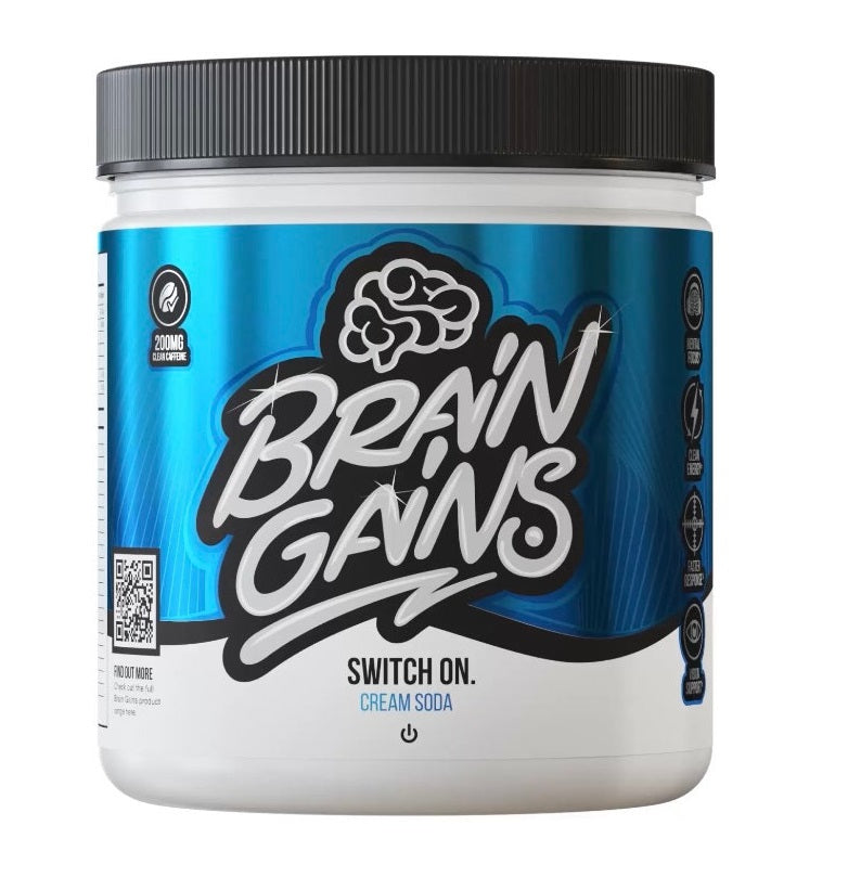 Brain Gains Switch On Cream Soda Energy Drink - 225g (8oz) for Focus & Mental Clarity | Pre-Workout, Study & Gaming Boost | Natural Nootropic Supplement