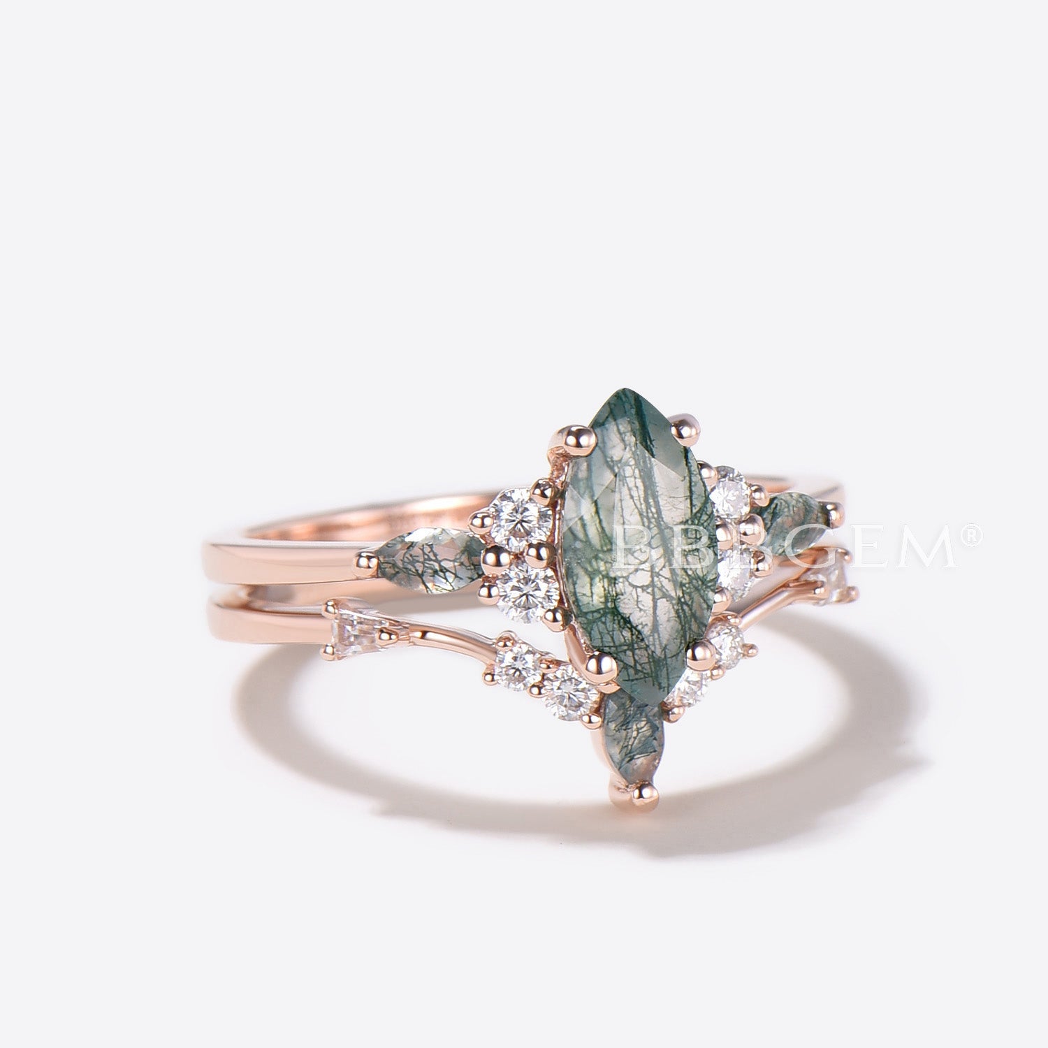 Marquise Cut Natural Moss Agate Engagement Ring for Women - 7 Stone Rose Gold Wedding Band - Perfect for Proposals, Anniversaries & Bridal Jewelry