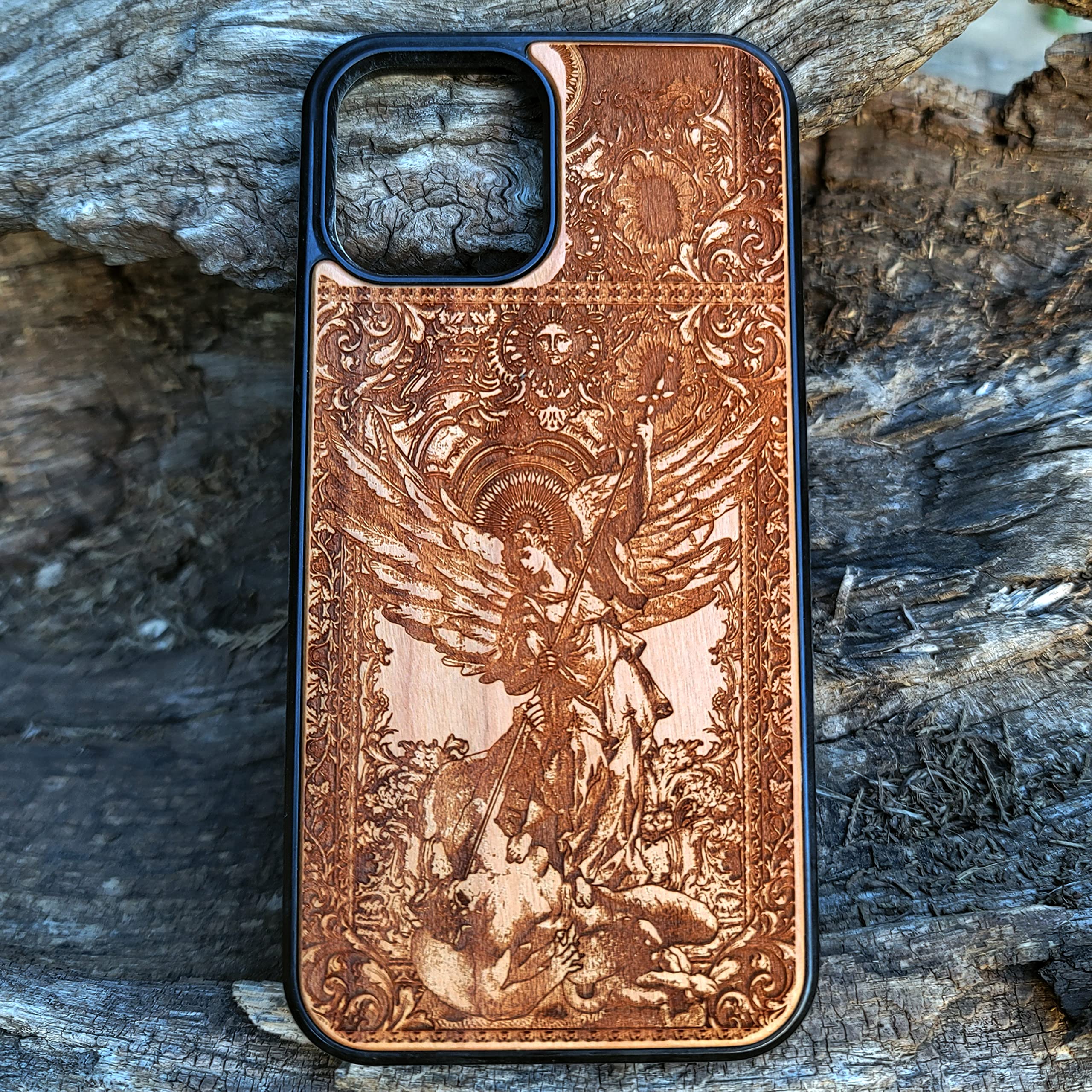 Saint Michael the Archangel Laser Engraved Wooden Phone Case for iPhone 16/15/14/13/12/11 Pro Max Mini & Galaxy S25/S24/S23/S22/S21/S20 Ultra Plus - Eco-Friendly Slim Durable Wood Cover - Perfect Gift for Religious Protection & Daily Use