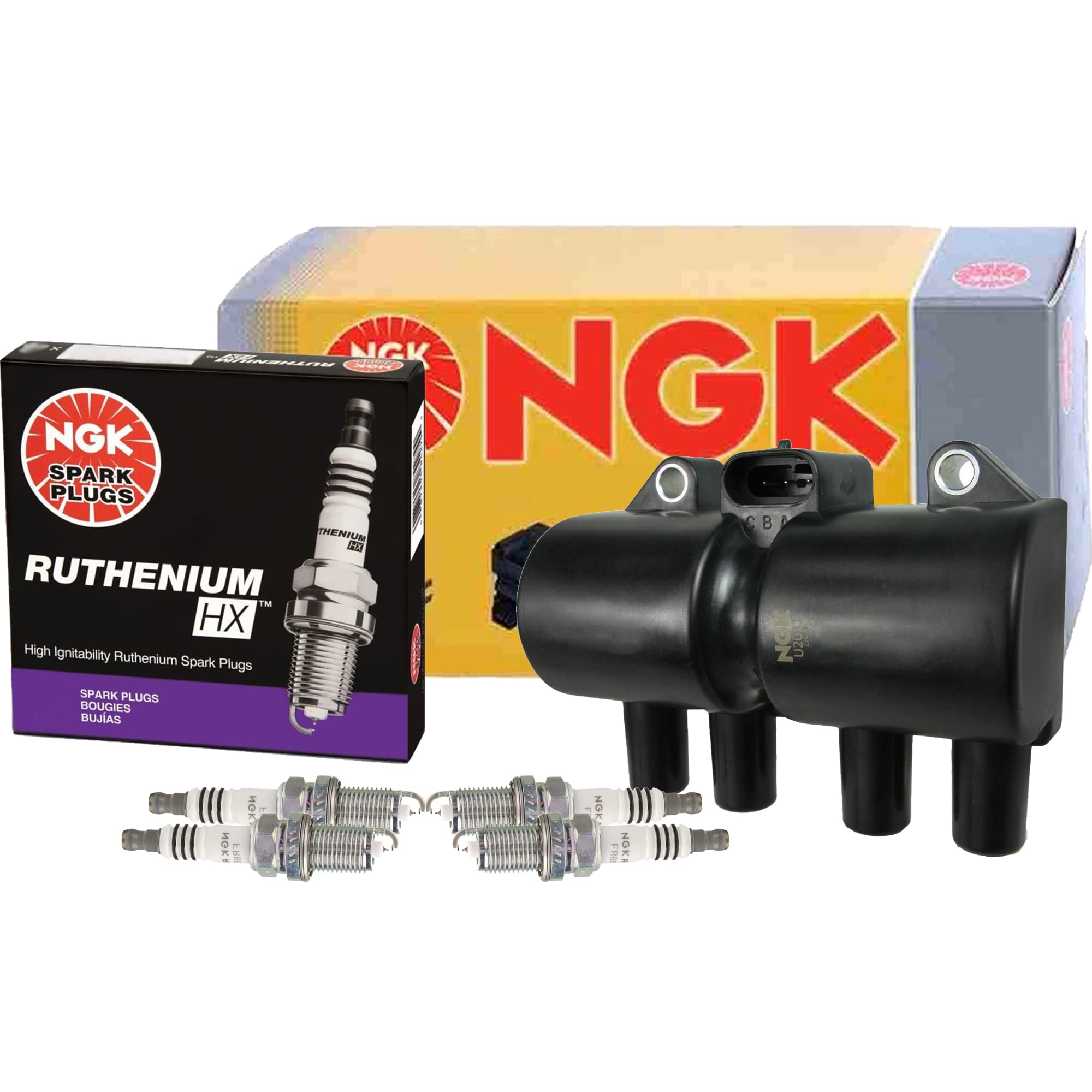 NGK DIS Ignition Coil & 4 Ruthenium HX Spark Plugs Kit - Compatible with Chevy, Suzuki L4 DOHC Engines - Improves Engine Performance & Fuel Efficiency