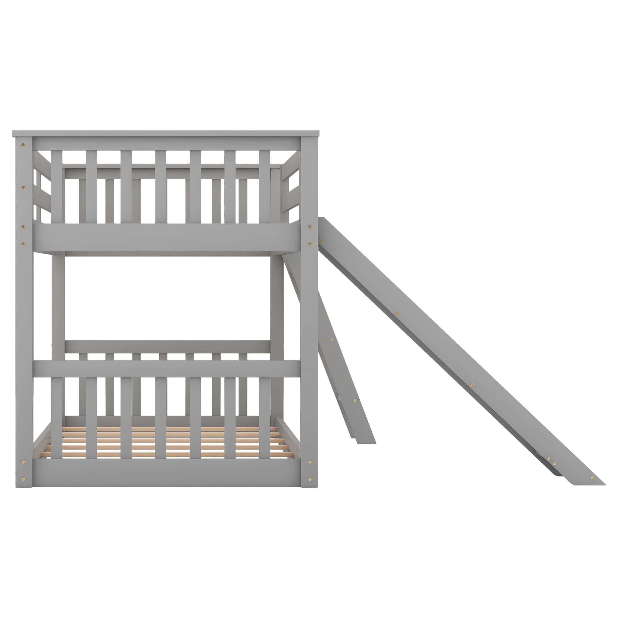 Harper & Bright Designs Twin Over Twin Bunk Bed with Slide & Angled Ladder - Sturdy Wooden Kids Bunk Beds for Boys and Girls, Space-Saving Floor Bunk Bed in Grey - Perfect for Small Bedrooms, Shared Kids Rooms & Sleepovers