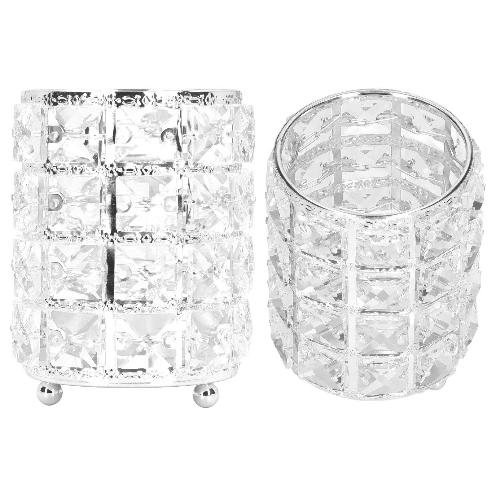 European Style Rounded Crystal Glass Cosmetic Organizer - Acrylic Makeup Brush Holder & Clear Pen Pencil Case for Bathroom, Home, Bedroom, Office (Silver) | Perfect for Makeup Storage, Desk Organization and Travel Beauty Essentials