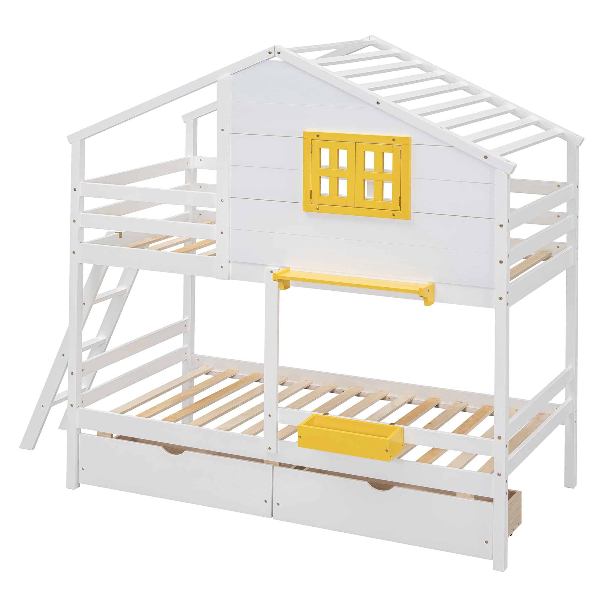 Harper & Bright Designs Twin Over Twin Solid Wood Bunk Bed for Kids with Storage Drawers, Shelf & Roof - White | Space-Saving Kids Bedroom Furniture for Boys, Girls & Teens | Perfect for Small Rooms, Shared Bedrooms & Sleepovers