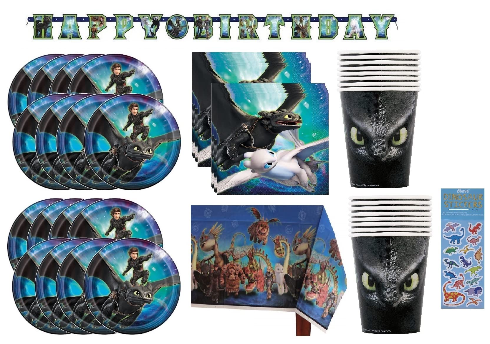 How to Train Your Dragon Birthday Party Supplies - 16-Piece Decoration Set with Plates, Napkins, Cups, Table Cover, Banner & Stickers - Perfect for Kids' Themed Parties & Celebrations