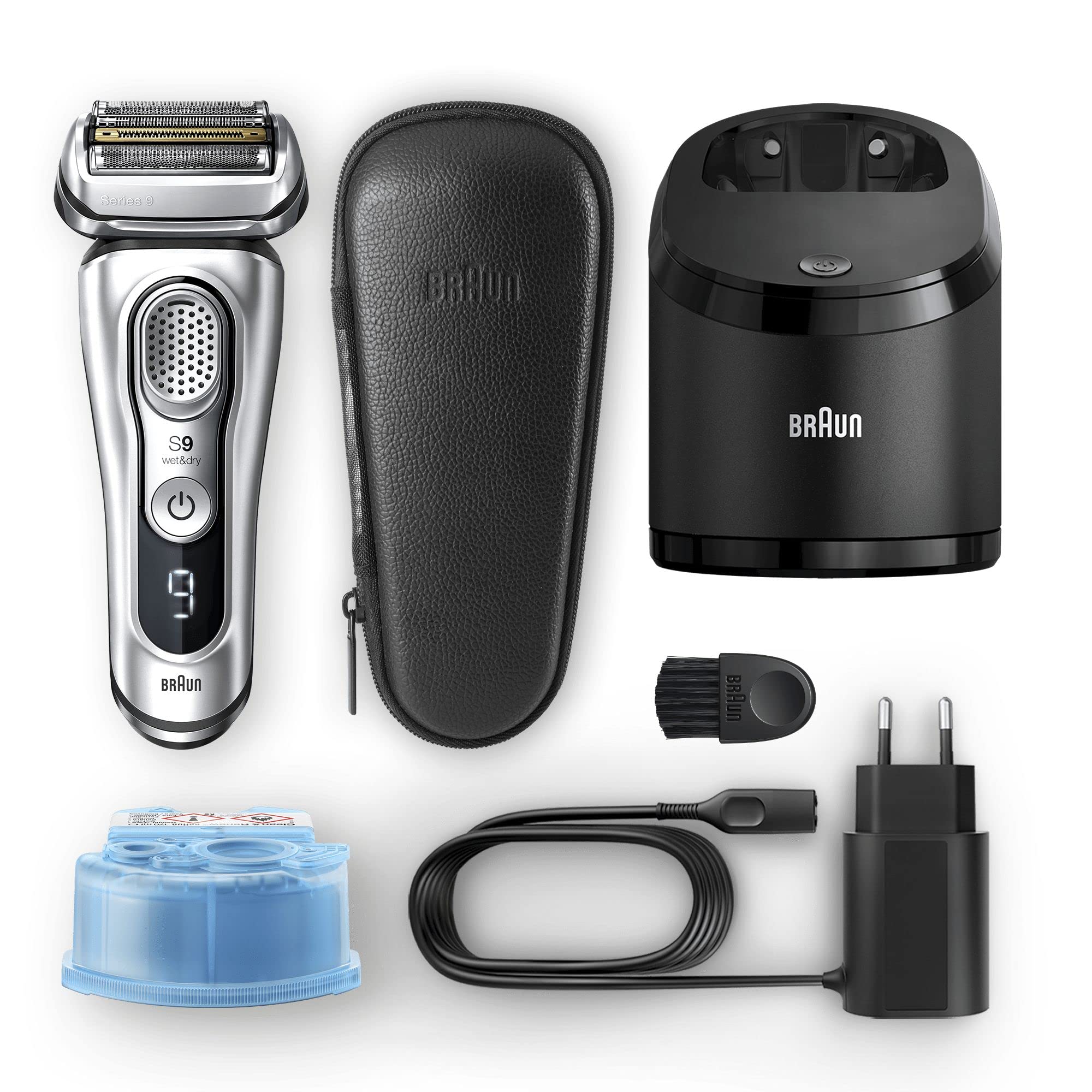 Braun Series 9 Electric Shaver for Men with Clean & Charge Station, Leather Case - 100% Waterproof, 2 Pin Bathroom Plug, Flawless Shaving - Perfect Gift for Dad, Husband, Boyfriend (Model 9390cc, Silver) - Ideal for Travel, Home Use & Wet/Dry Shaving