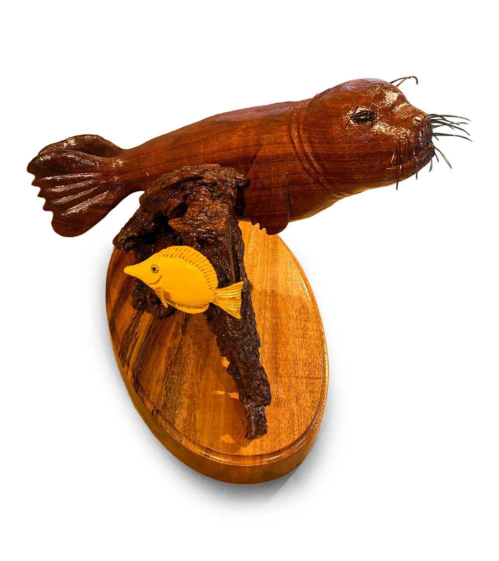 Handcrafted Koa Wood Sculpture - Hawaiian Monk Seal & Yellow Tang by Artist Craig Nichols | Unique Hawaiian Home Decor, Gift for Nature Lovers, Office Desk Art