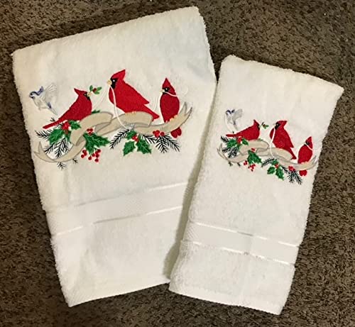 Embroidered Cardinal Bird Bath Towel and Hand Towel Set - Soft Absorbent Cotton Towels for Bathroom, Kitchen, and Guest Use - Perfect for Home Decor and Gifts