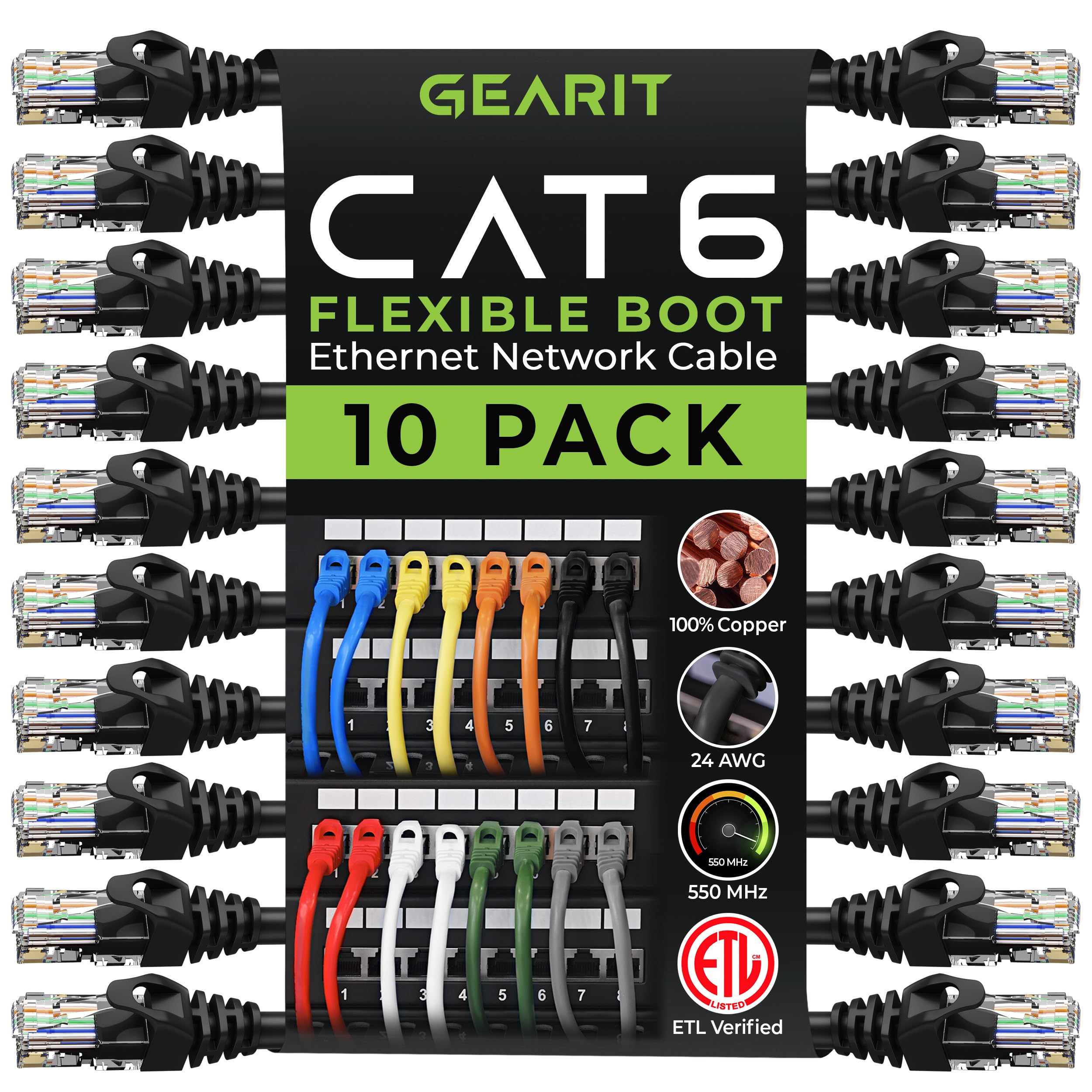 GearIT Cat6 Ethernet Cable 5 ft - High Speed Network Cable, 550MHz, 10Gbps, RJ45 Connector, UTP Patch Cord for Gaming, Streaming & Home Office - Black (5 Feet)
