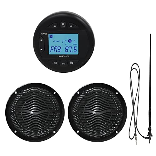 Herdio Marine Bluetooth Radio Speaker Set - 6.5 Inch Waterproof Flush Mount Ceiling Speakers with Marine Gauge Head Unit & Flexible Rubber FM/AM Antenna | Perfect for Boats, Yachts, and Marine Entertainment Systems