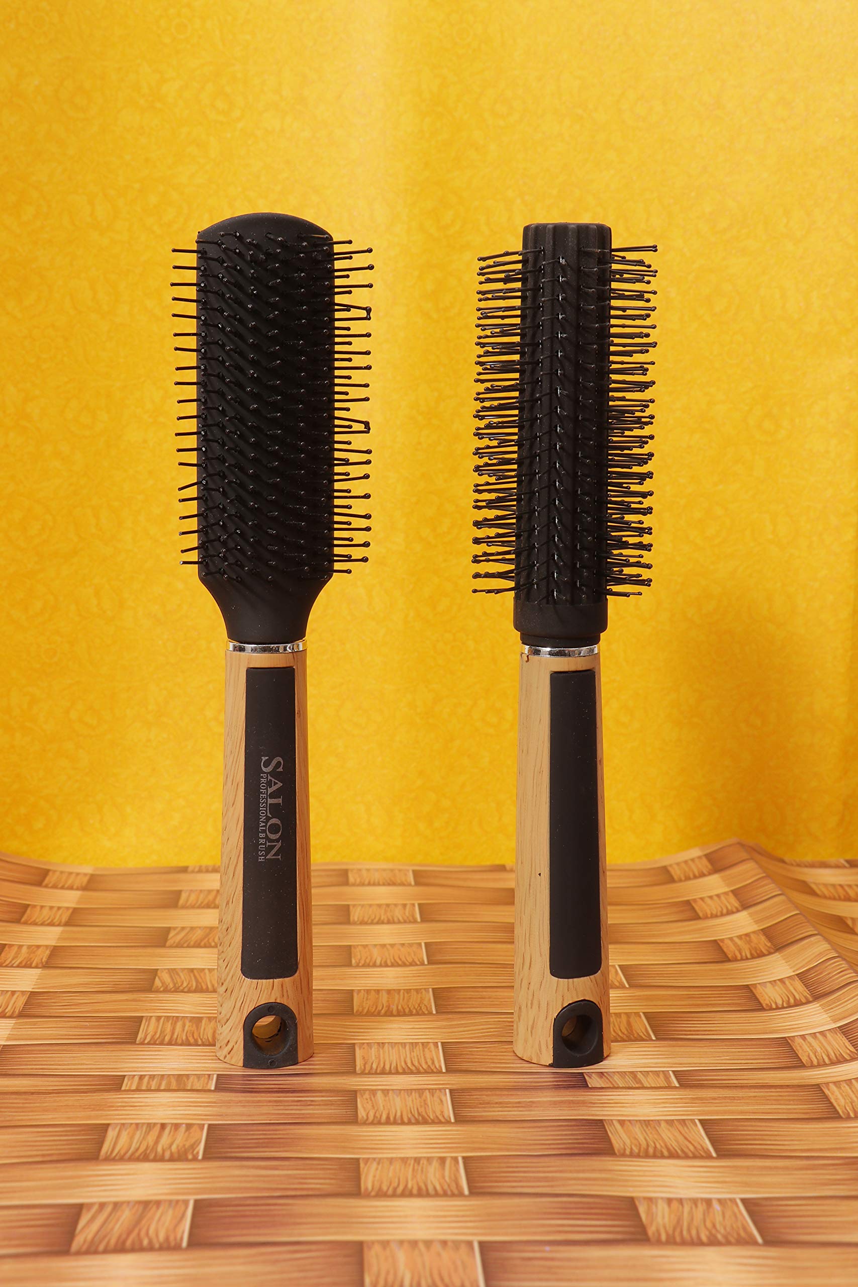 Honbon Round Hair Brush Set of 2 - Wooden & Black Handle with Soft Bristles for Smooth Styling - Perfect for Blowouts, Detangling & Salon-Quality Results at Home