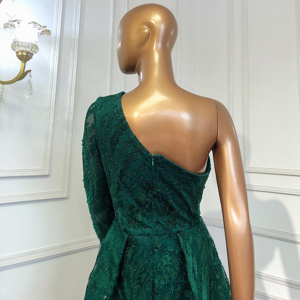 Elegant One Shoulder Beaded Mermaid Evening Gown with Overskirt for Women - Serene Hill Green Luxury Party Dress 2025 - Perfect for Prom, Gala, and Formal Events LA71607