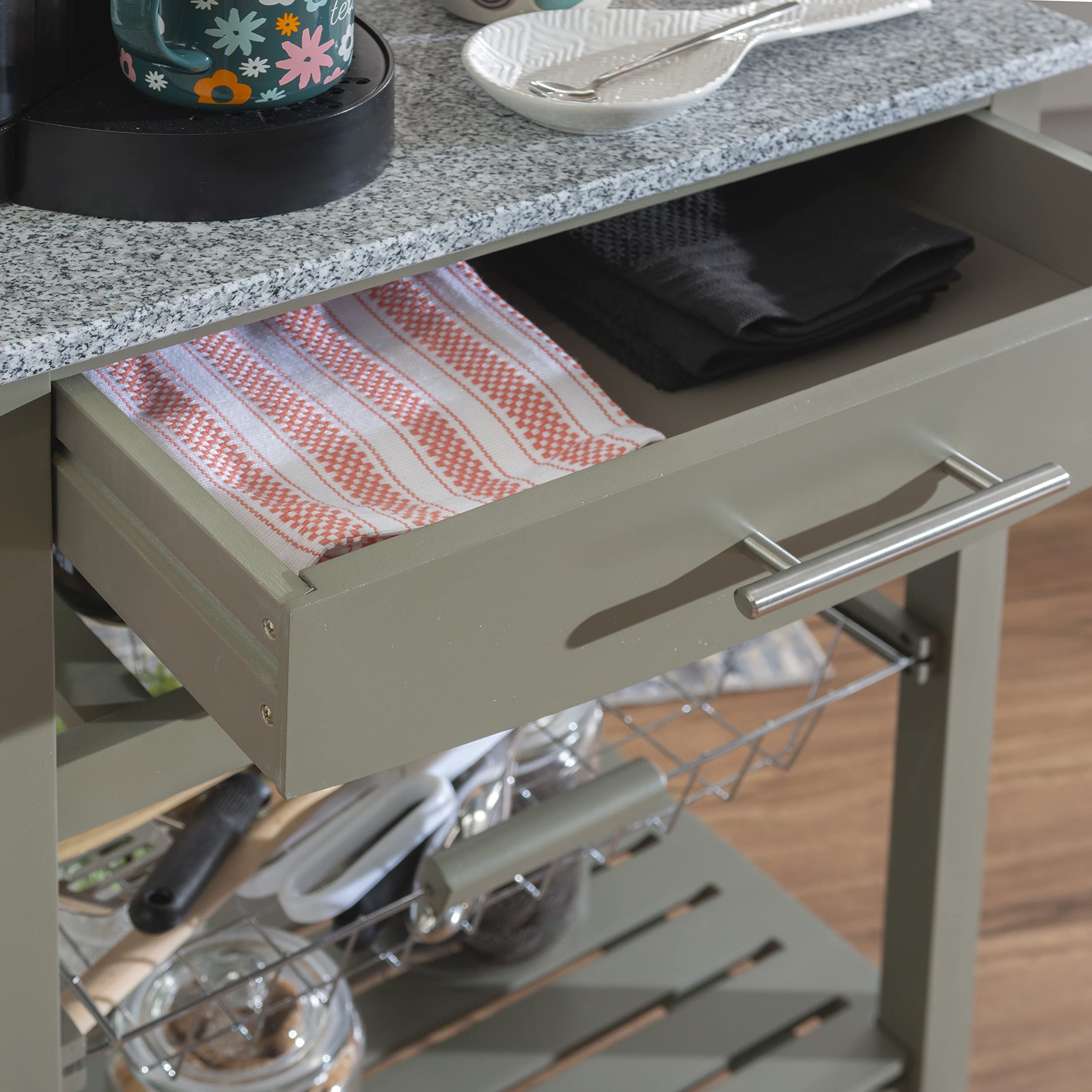 Linon Kitchen Island Cart with Storage, Gray - Rolling Kitchen Island for Small Spaces, Extra Countertop & Cabinet Space for Cooking, Baking & Meal Prep