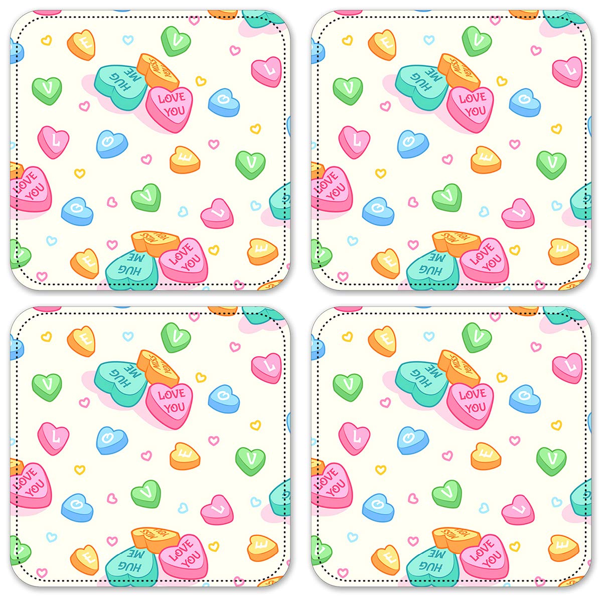 Vinyl Drink Coasters Set of 4 - Non-Slip Absorbent Candy Heart Design - Perfect for Coffee Tables, Bars & Home Decor