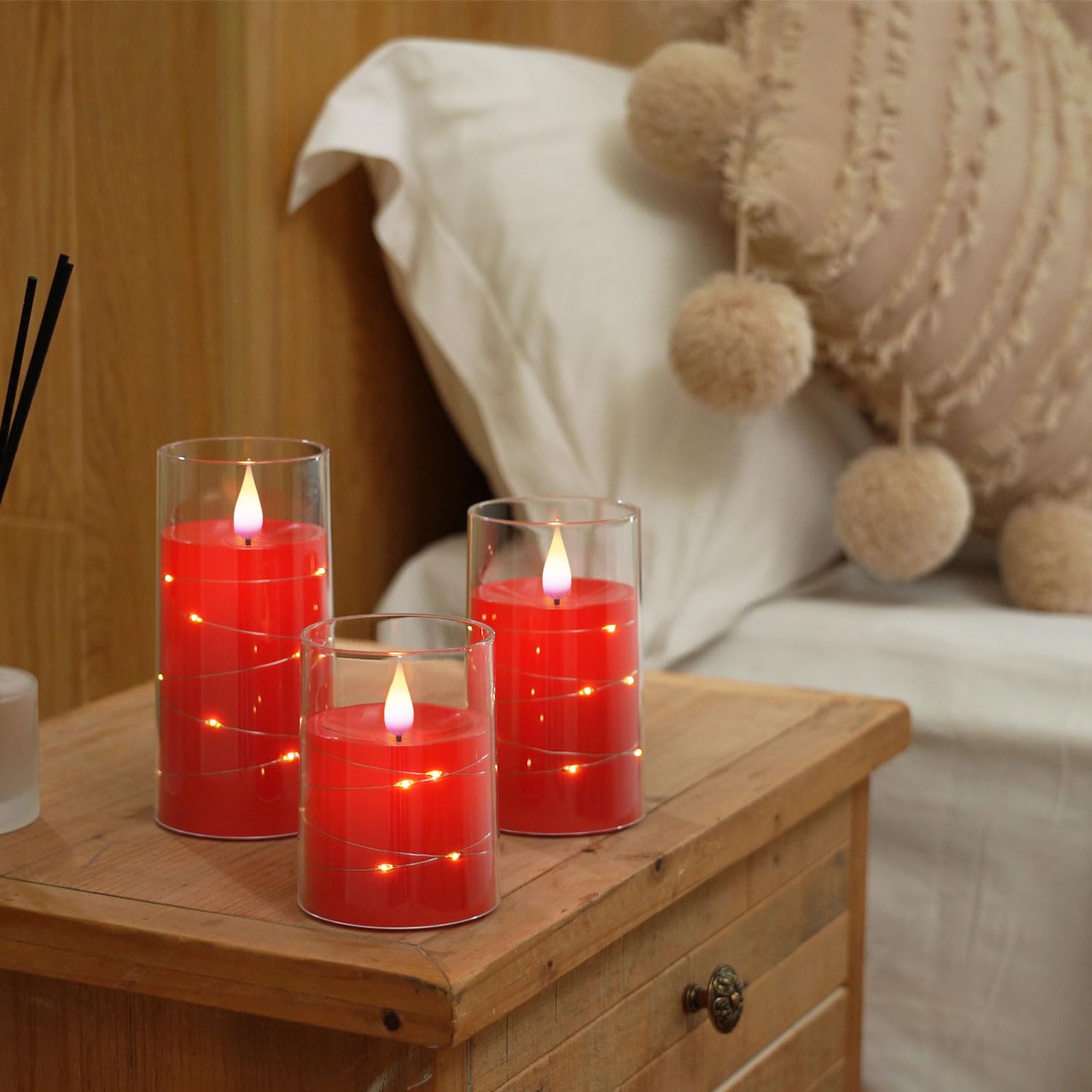 Homemory Flickering Flameless LED Candles with Remote - Set of 3 Battery Operated Candles with Embedded String Lights, Shatterproof Plexiglass Design (Red) - Perfect for Christmas Decor, Wedding Centerpieces & Cozy Home Ambiance