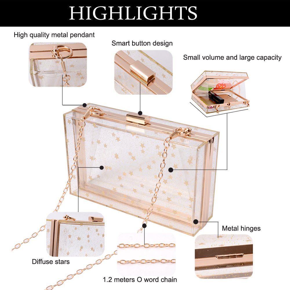 Women's Acrylic Transparent Gold Star Evening Clutch Purse - Vintage Banquet Handbag for Parties, Weddings & Formal Events (Clear)