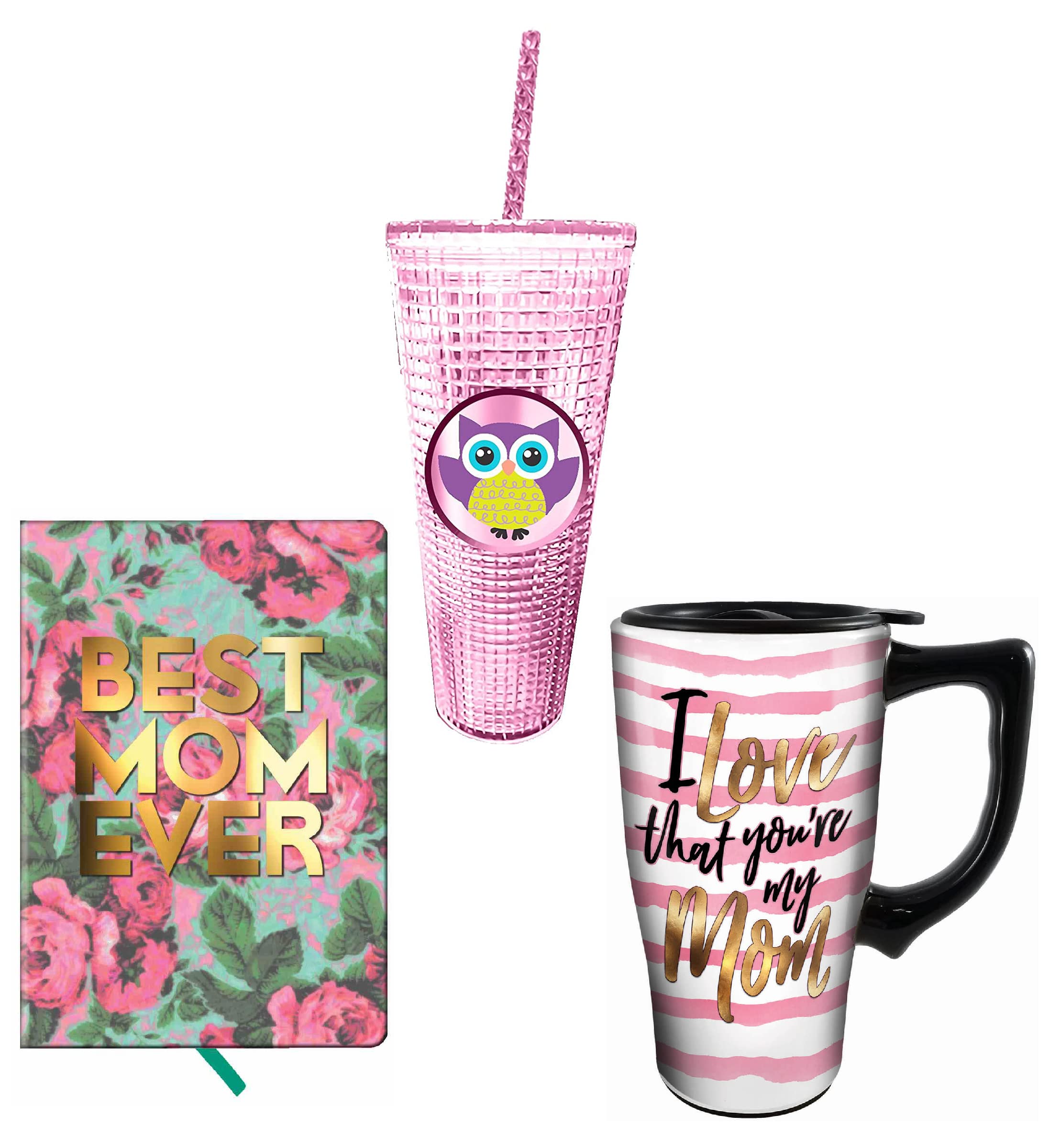 Mozlly Mom Ceramic Travel Mug Set - 3-Piece Insulated Tumbler & Journal Gift Bundle (1 Hardbound 5x8 Notebook, 1 Coffee Mug with Lid, 1 Clear Double Wall Tumbler with Straw) - Perfect for Travel, Office & Home Use