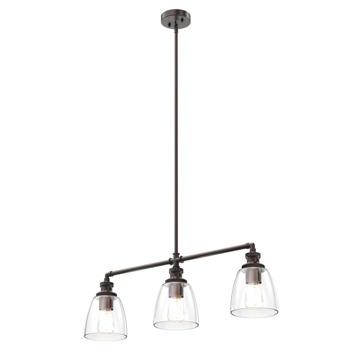 LEDMyplace 3-Light Linear Pendant Lighting Fixture - Bell Shaped Clear Glass Shade with Oil Rubbed Bronze Finish - Farmhouse & Modern Home Decor for Kitchen Island, Dining Room, Bedroom, Living Room, Hallway - E26 Base (Bulbs Not Included)