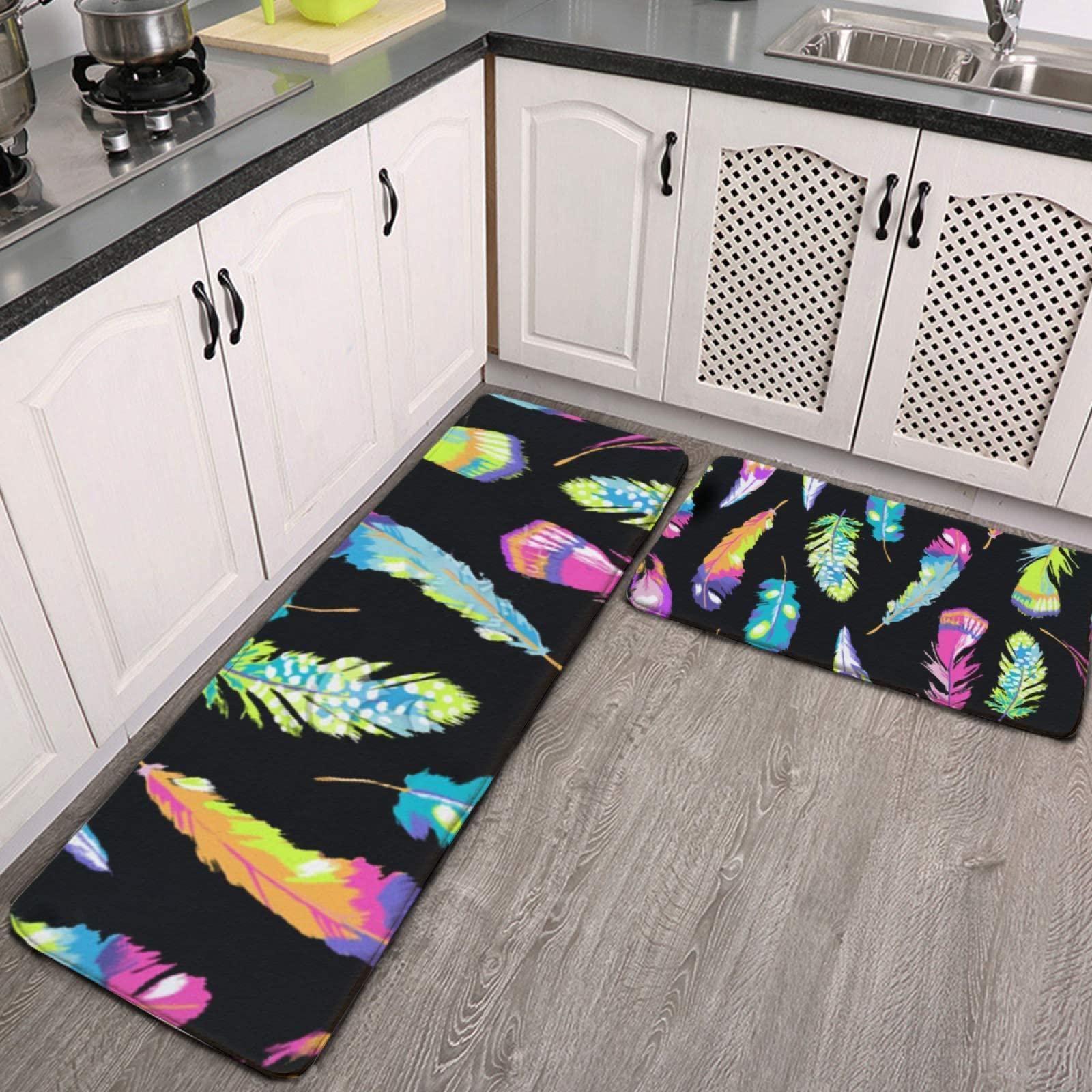 Colorful Feather Rainbow Non-Slip Kitchen Rug and Mat Set of 2 - Soft Runner Rugs for Entryway, Kitchen & Bedroom (19.7