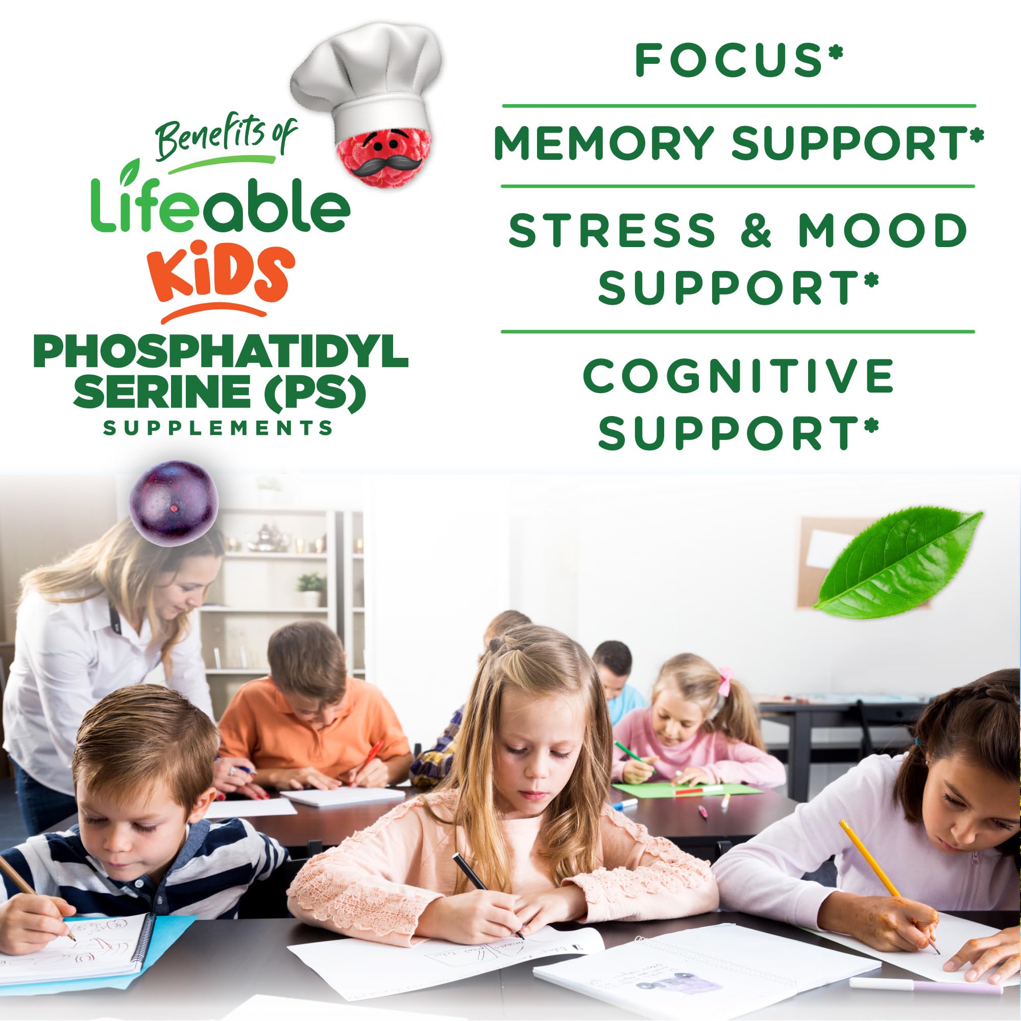 Lifeable Phosphatidylserine (PS100) Kids Focus Gummies - 100mg Brain Support Supplement for Children | Tasty Cognitive Support Chewables | 90 Count | Supports Concentration for School & Homework