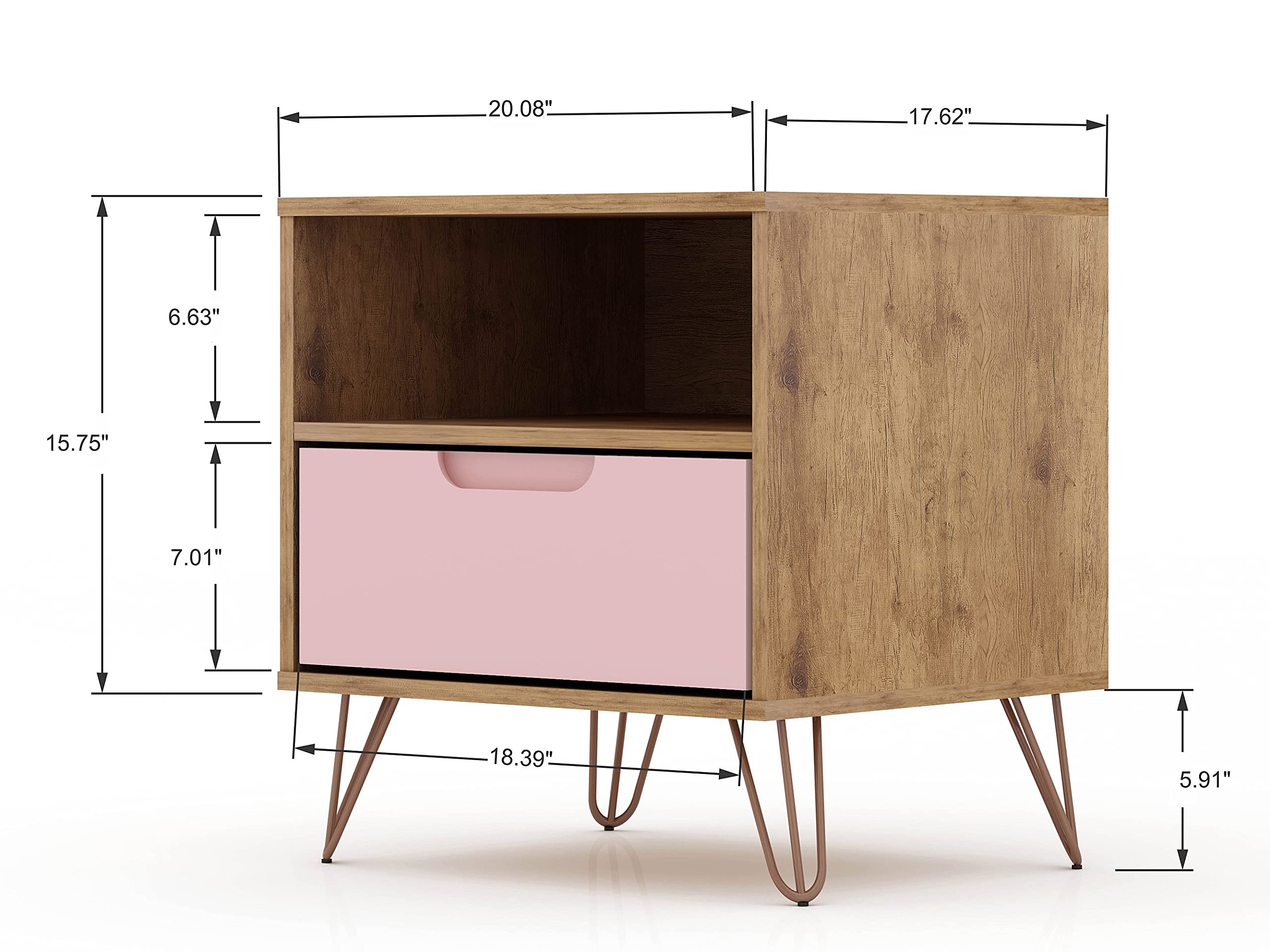Mid Century Modern Nightstands Set of 2 with Drawer & Cubby - Pink Bedside Tables for Bedroom & Living Room | Functional Storage Organizer for Books, Lamps & Bedroom Essentials