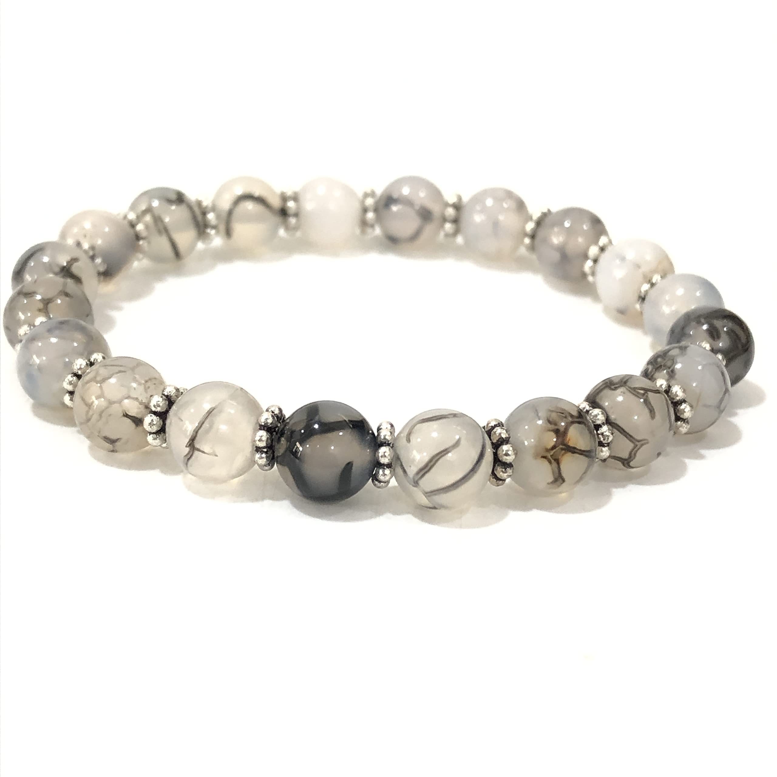 AAA Natural Dragon Vein Agate 8mm Round Beaded Stretch Bracelet - Chakra Healing Stone Elastic Wristband for Anxiety Relief, Handmade Yoga Meditation Jewelry Gift for Women (Perfect for Spiritual Healing & Stress Relief)