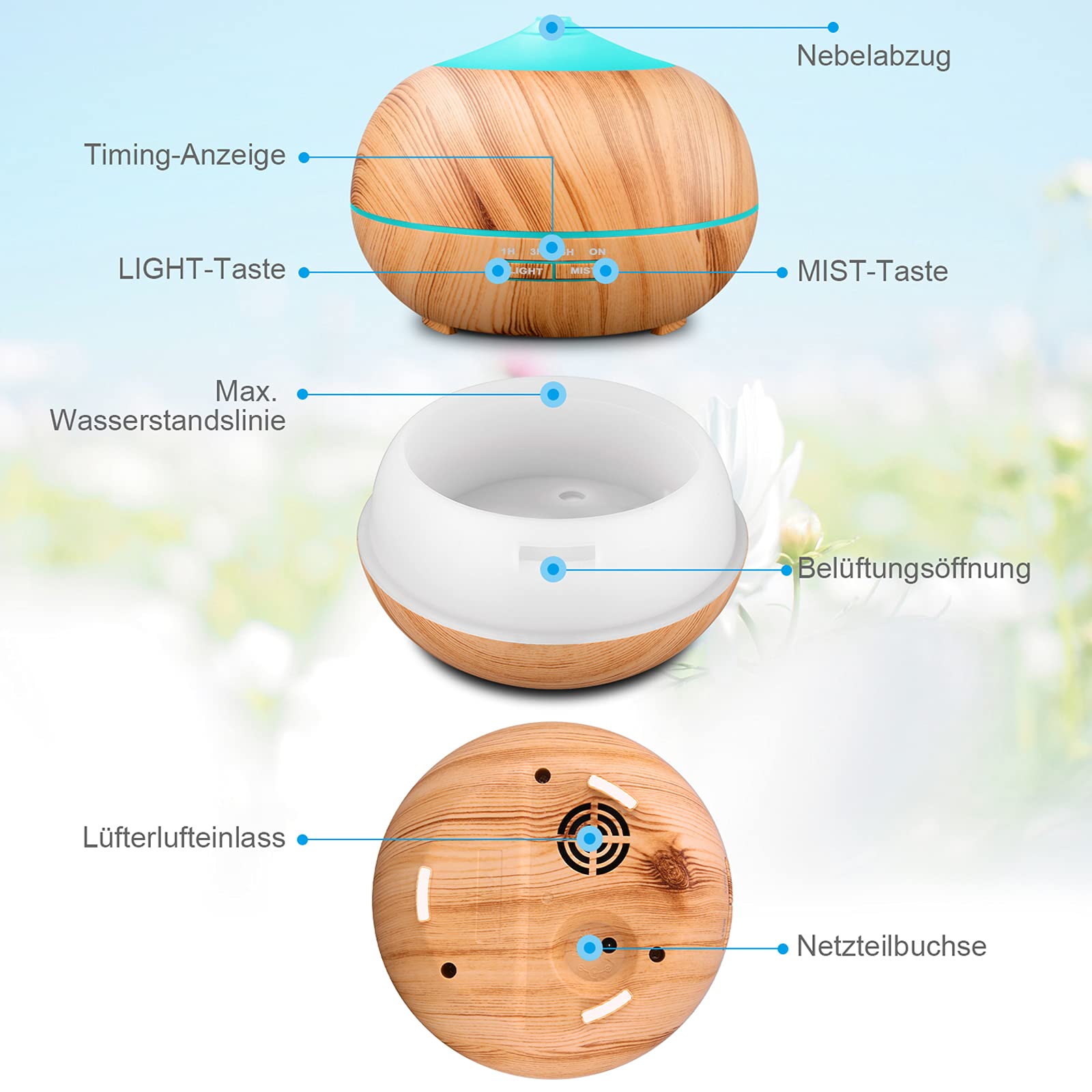 400ml Airymium Ultrasonic Essential Oil Humidifier & Aroma Diffuser - Wood Grain Design with LED Light & Timer for Bedroom, Home Office, Yoga Studio | Perfect for Aromatherapy, Relaxation & Air Moisturizing