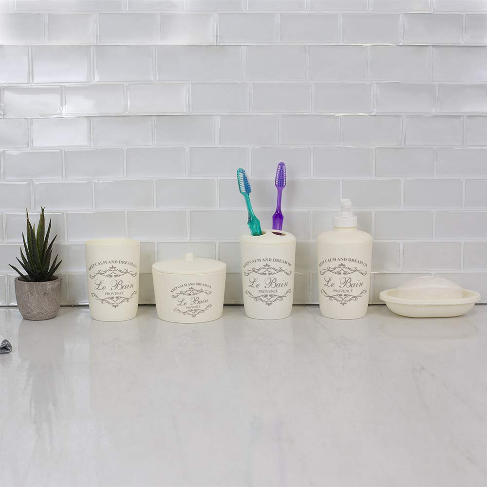 7-Piece Beige Parisian Bathroom Set - Plastic Bath Accessories with Tumbler, Toothbrush Holder, Soap Dish, Lotion Dispenser, Cotton Ball Container, Toilet Brush Holder & Waste Bin | Modern Bathroom Decor for Home, Apartment & Hotel Use