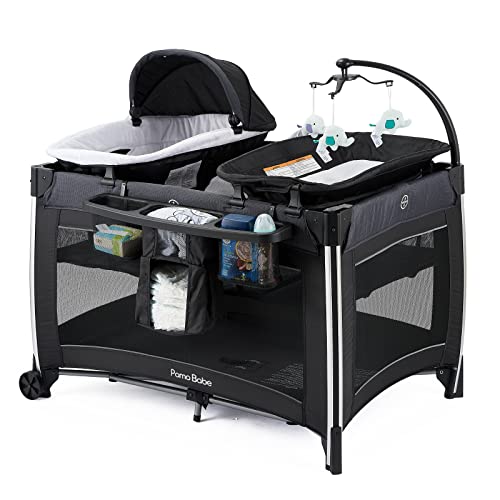 Pamo Babe 4-in-1 Portable Baby Playard with Bassinet & Changing Table - Nursery Center with Storage Basket for Newborns & Infants - Perfect for Home, Travel & Daycare (Black)