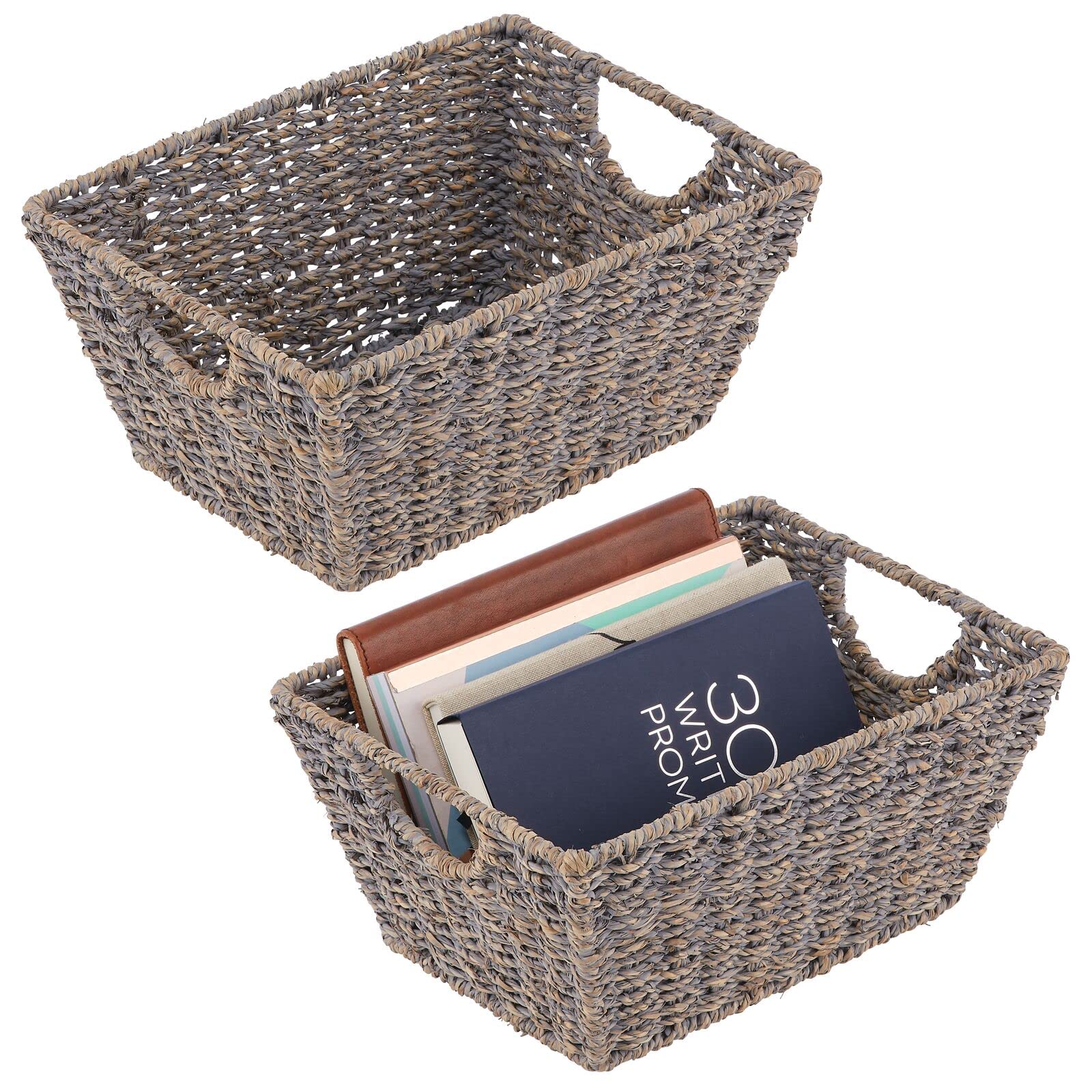 Natural Woven Seagrass Storage Baskets - 2 Pack Gray Nesting Organizer Bins for Closet, Kitchen, Pantry, Bathroom & Laundry Room - Perfect for Home Organization & Decluttering