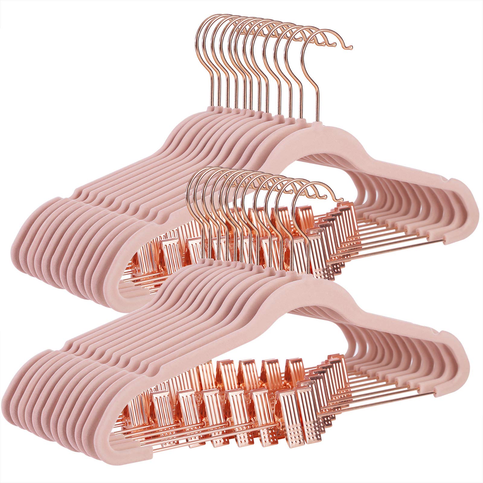 SONGMICS 24 Pack Heavy Duty Pants Hangers with Rose Gold Clips - 16.7 Inch Non-Slip Space Saving Clothes Hangers for Pants, Skirts, Dresses - Perfect for Closet Organization and Wardrobe Storage (Light Pink, UCRF14PK24)